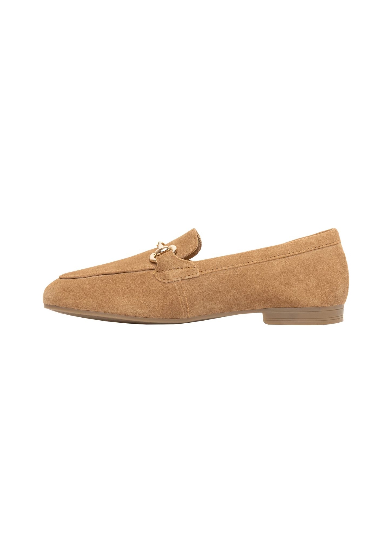 Beige suede women's moccasins BUTYD-1257-1B(W26) - side product view, on a white background.