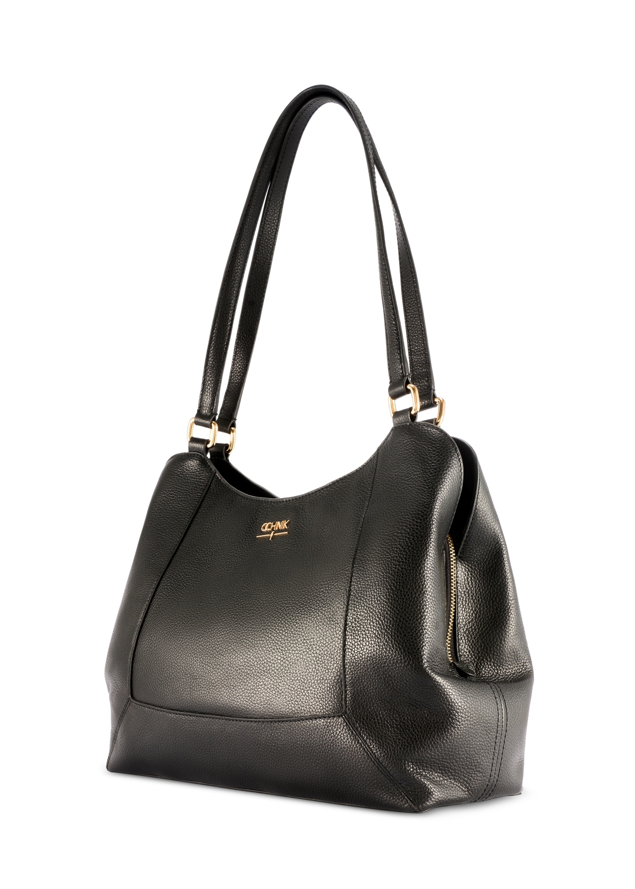 Black leather women's shopper bag TORES-1264-9I(W26), diagonal product view on white background.