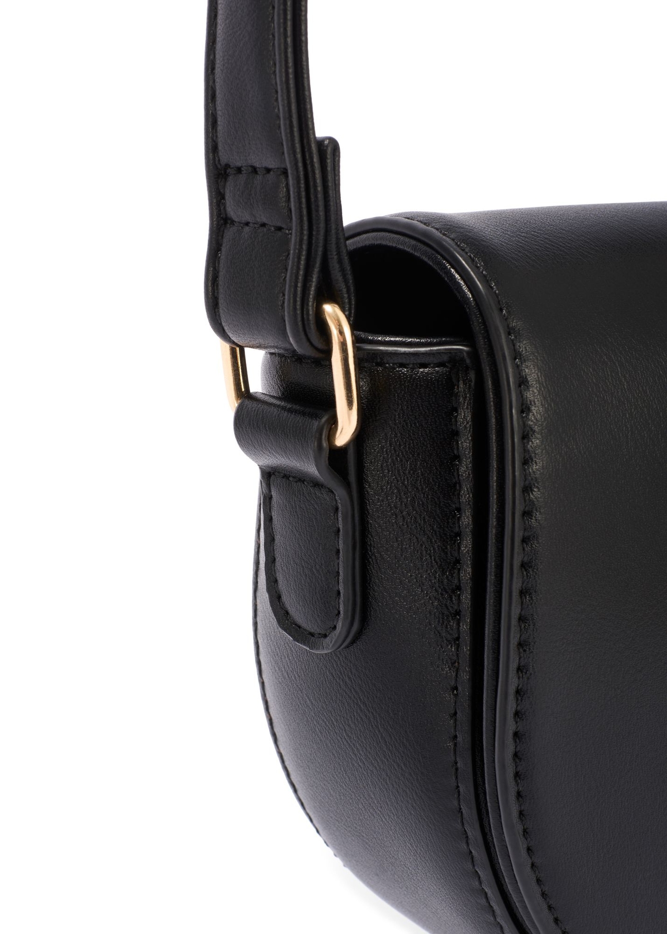Black semi-circular women's messenger bag TOREC-1184-99(W26) - close-up detail, on white background.