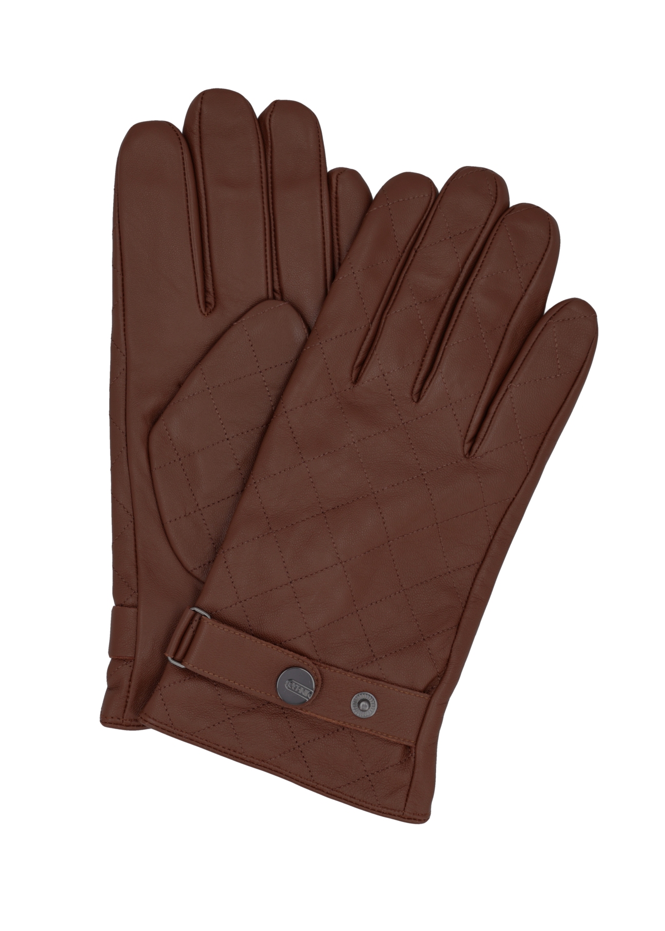 Cognac men's leather gloves with wool REKMS-0082-1F(Z26), front product view on white background.