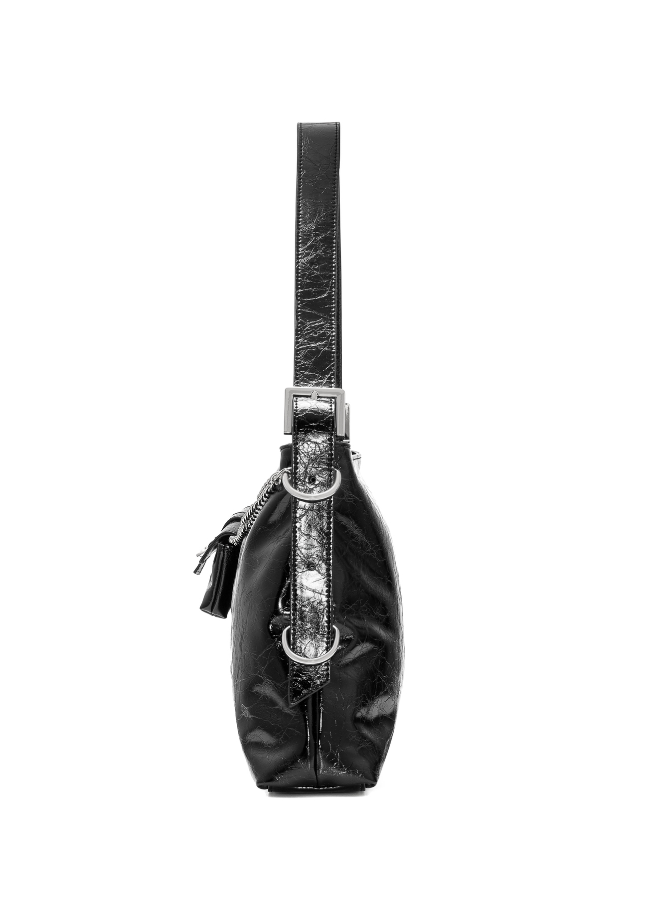 Black patent leather women's handbag TOREC-1073-99(Z25), product view from the side on a white background.