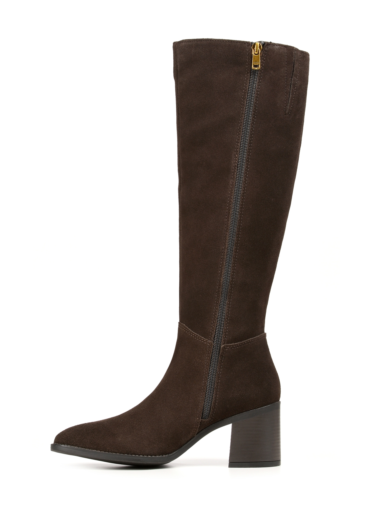 Brown suede high-heeled boots BUTYD-1100-89(Z25), product view from the inner side on a white background.