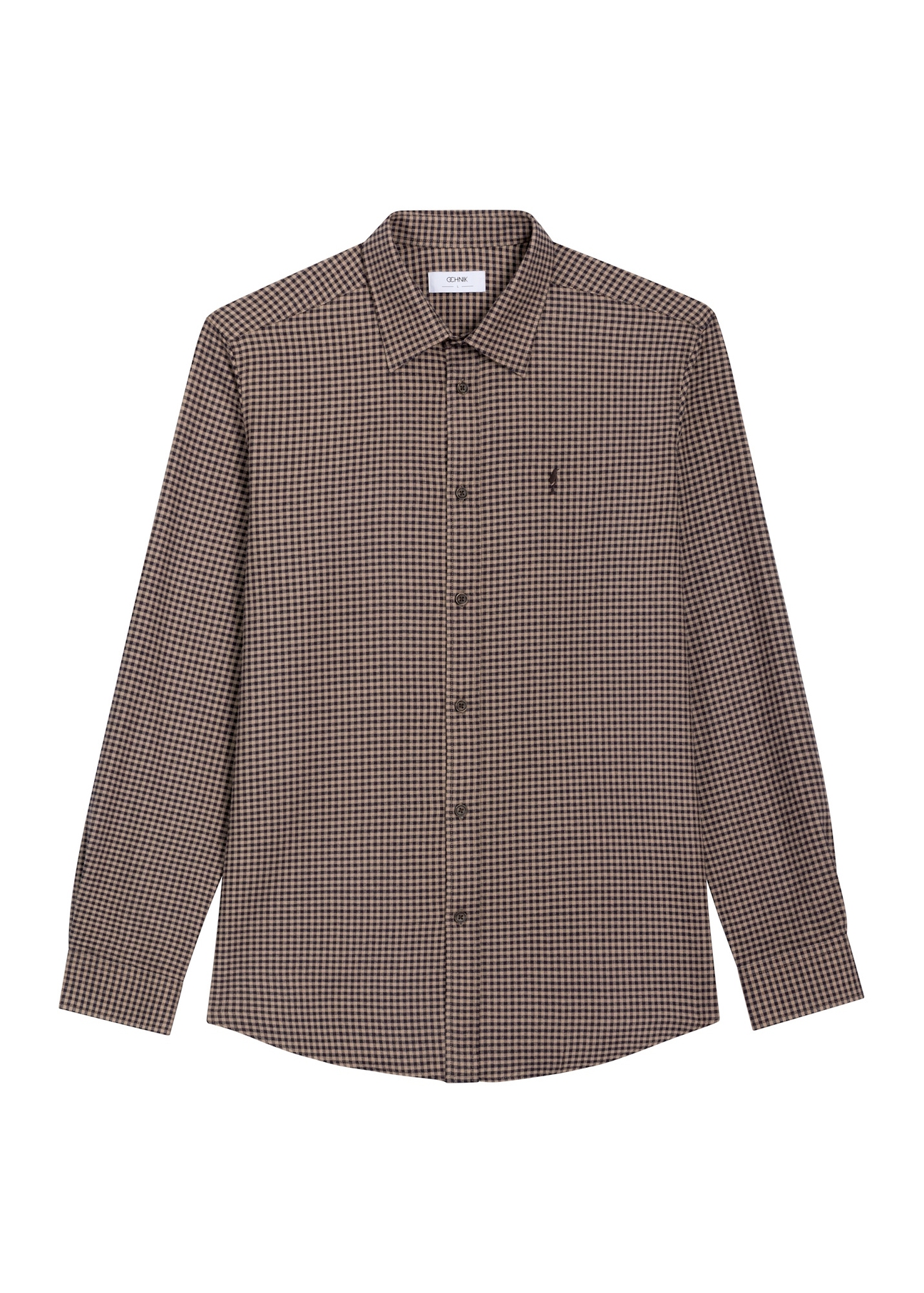 Dark brown men's shirt with small checks KOSMT-0372-1I(Z26), front product view on white background.
