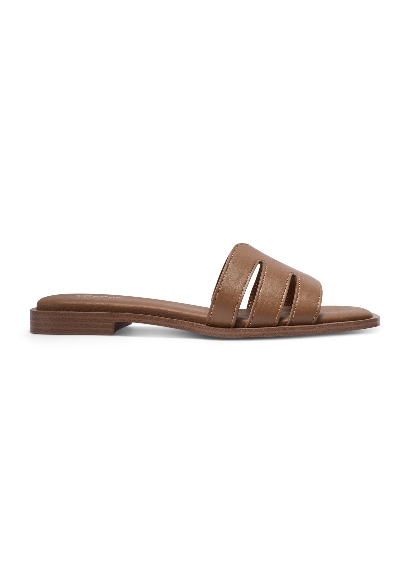 Women's leather camel flip-flops BUTYD-1224-1D(W26), side view of the product on a white background.