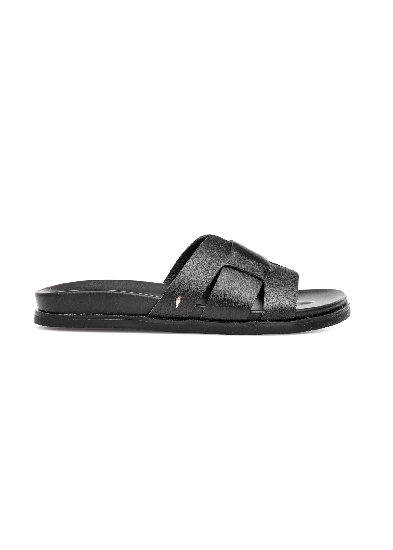 Women's black leather flip-flops BUTYD-1163-99(W25), side view of the product on a white background.