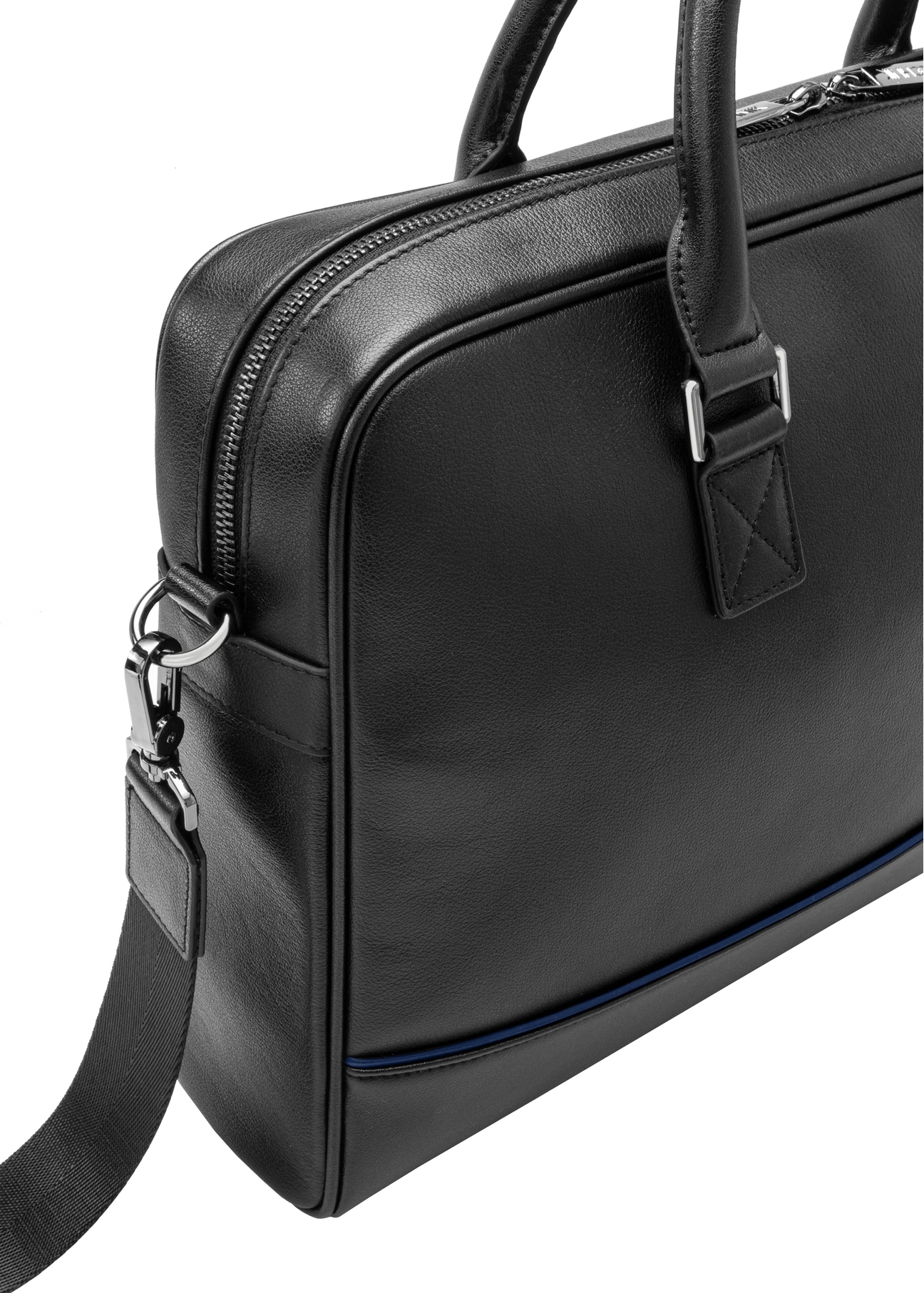 Black leather laptop bag TORMS-0494-99(W26) - close-up detail, on white background.