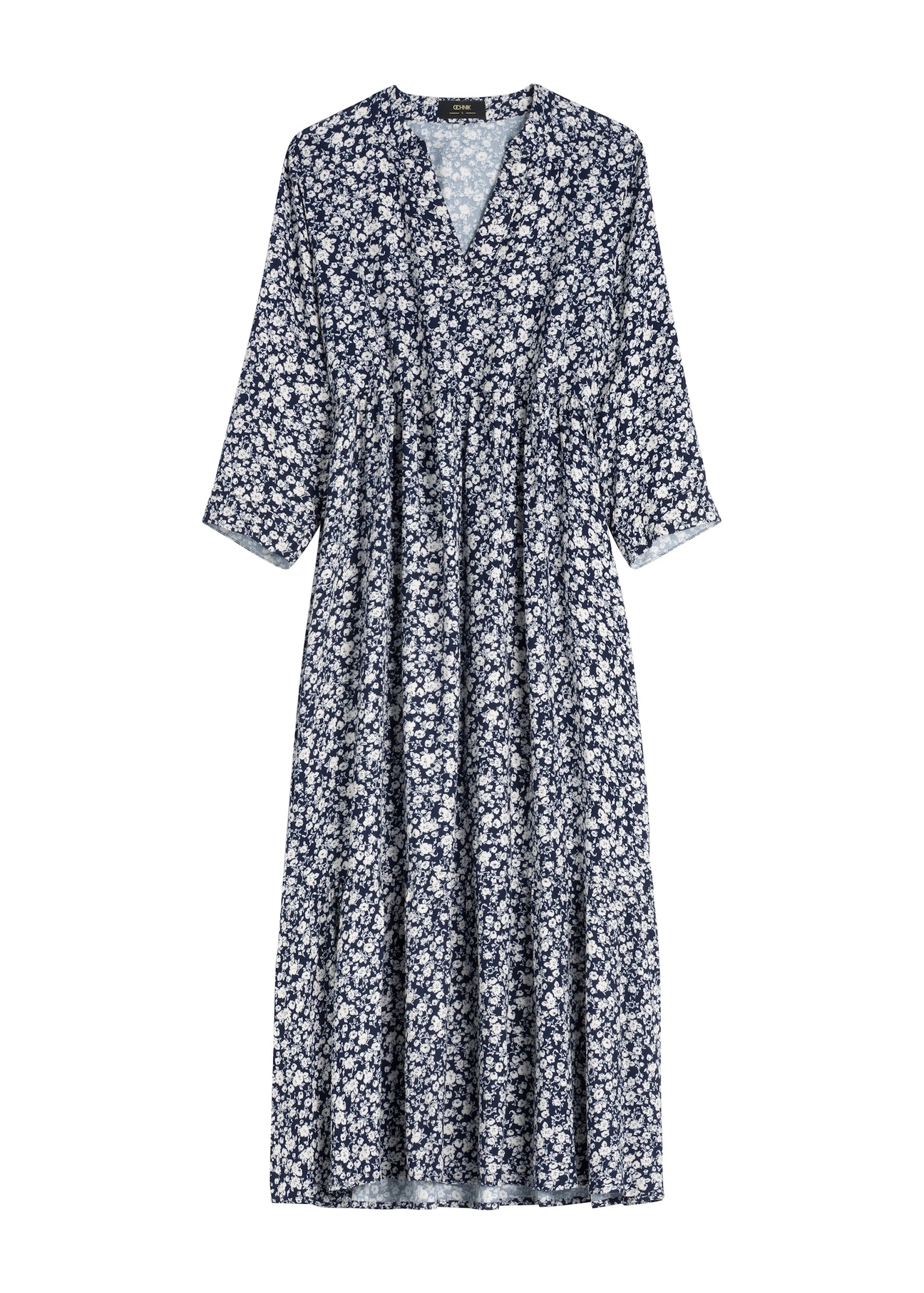 Navy blue floral viscose dress SUKDT-0268-7P(W26), front product view on white background.