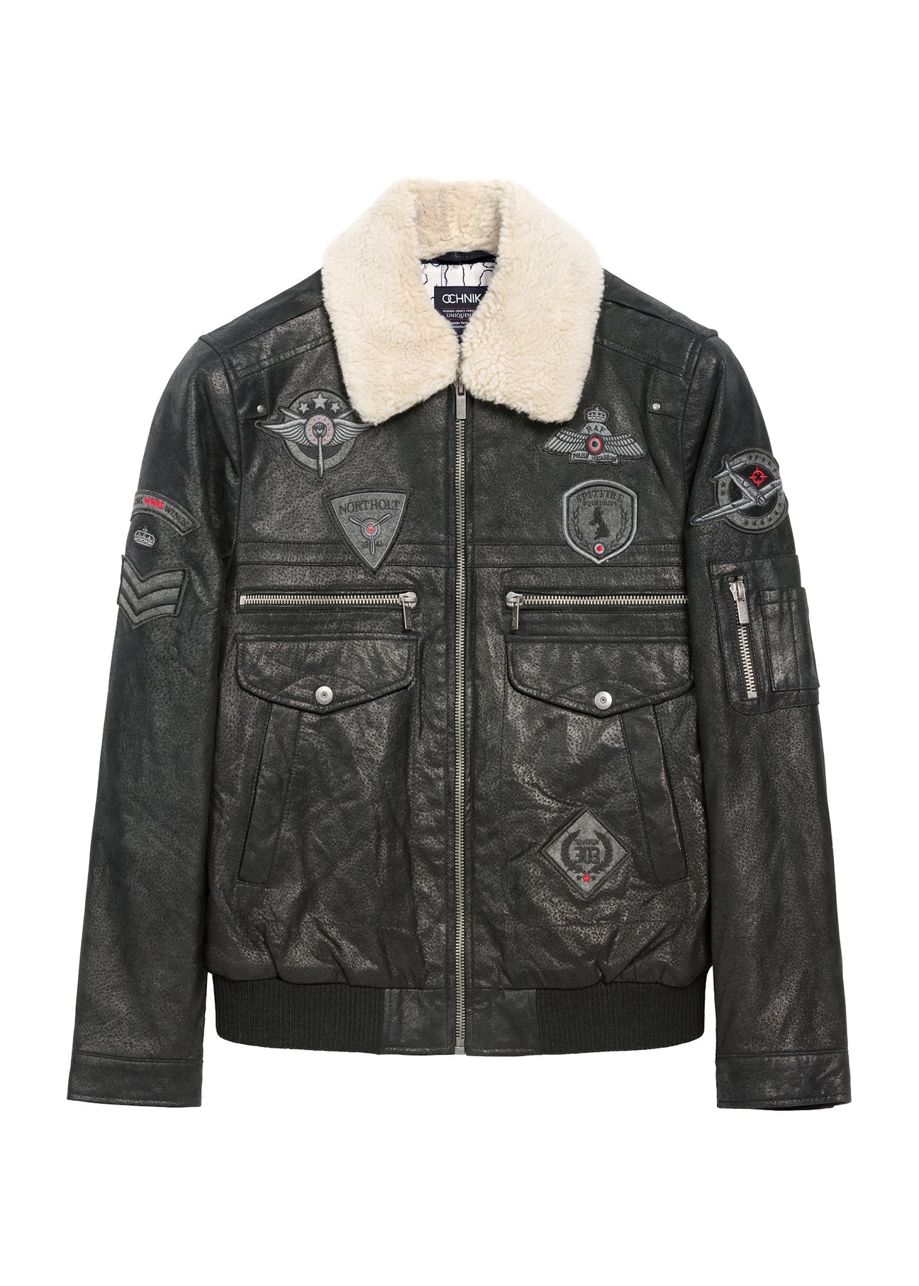 Men's black leather aviator jacket KURMS-0214A-5365(Z25), front view of the jacket on a white background.
