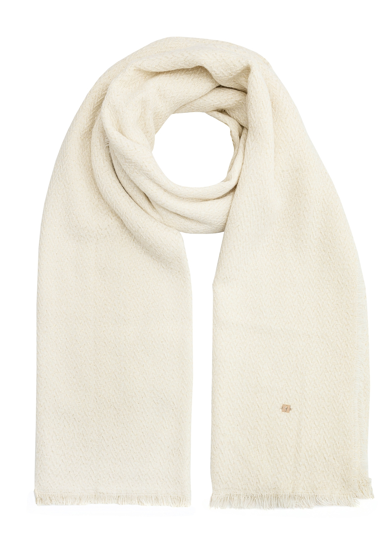 Cream women's scarf with gold thread SZADT-0212-12(Z25), front view of the product on a white background.