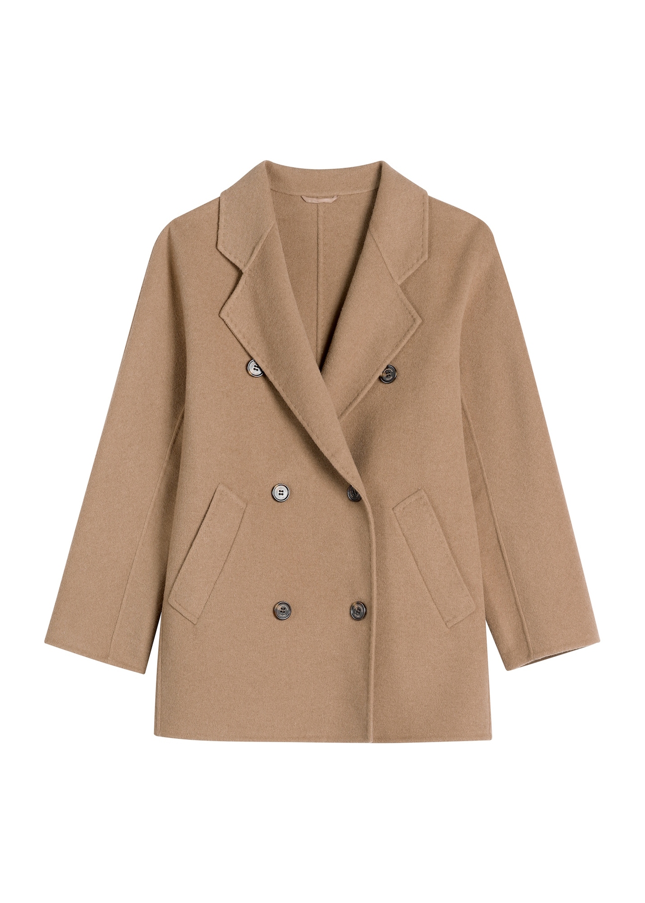 Women's short camel coat PLADT-0059-1D(W26), front product view on white background.