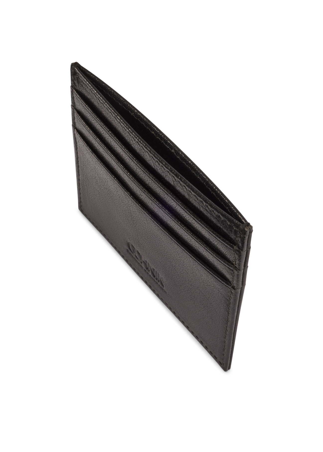 Black leather card case PORMS-0679-99(W26), close-up of product detail on white background.