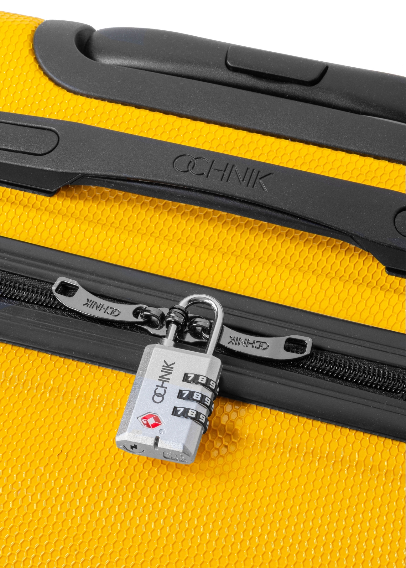 Silver TSA combination padlock AW-015-0002-92(W25), product view on suitcase on white background.