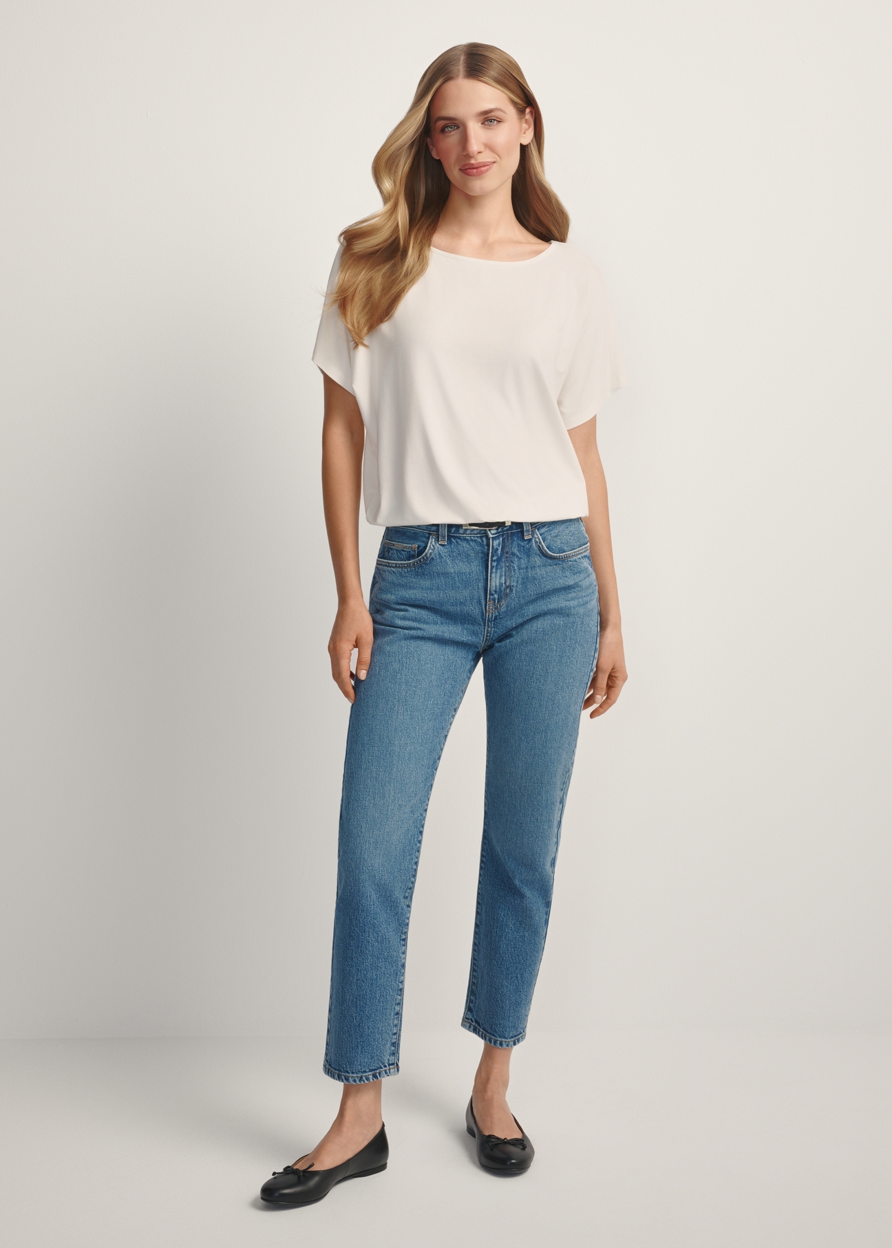 Women's white ribbed blouse BLUDT-0170-0B(W26), front view of the product on the model. Full body visible.