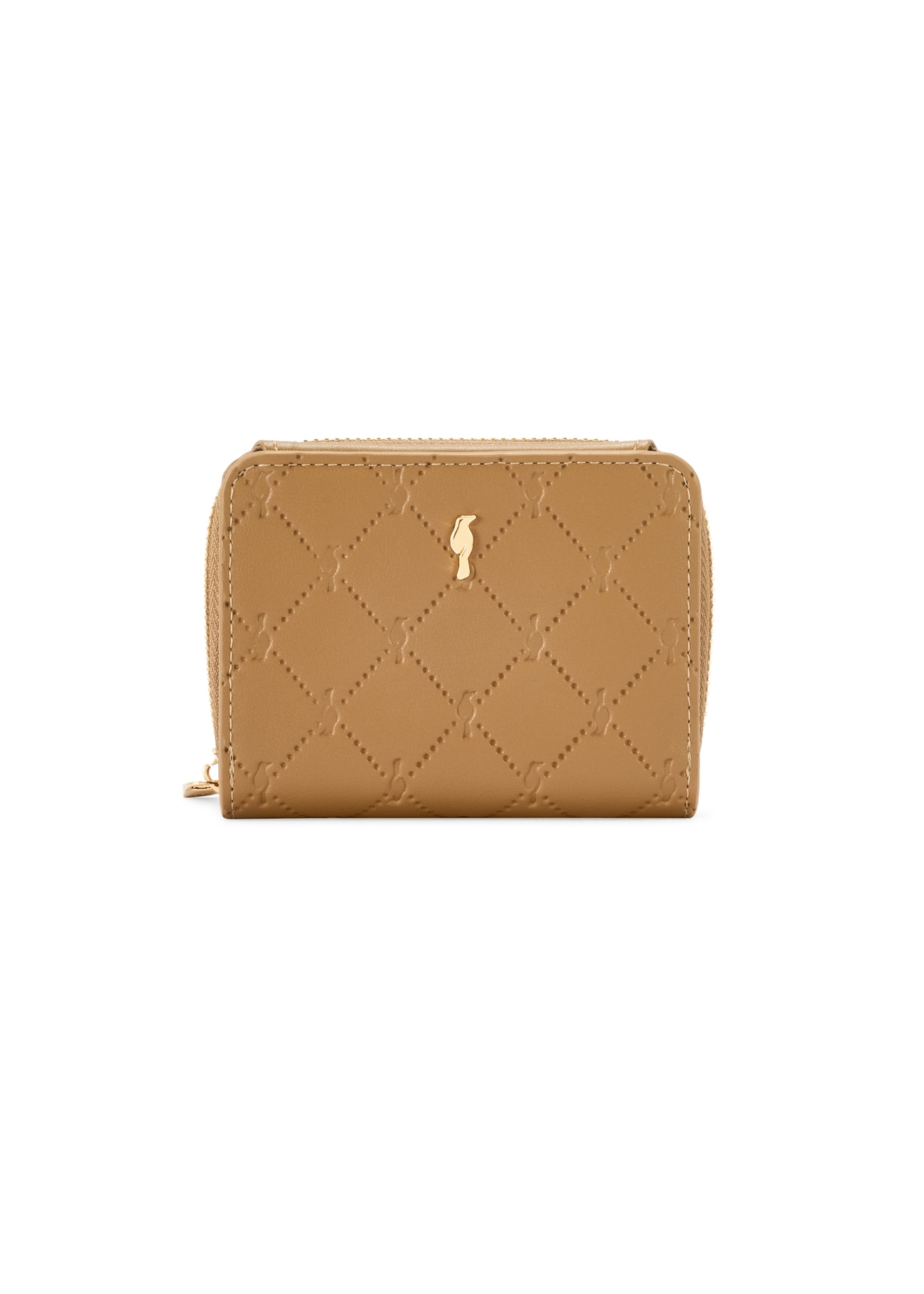Small beige women's wallet with monogram POREC-0349A-81(Z25), front product view on white background.