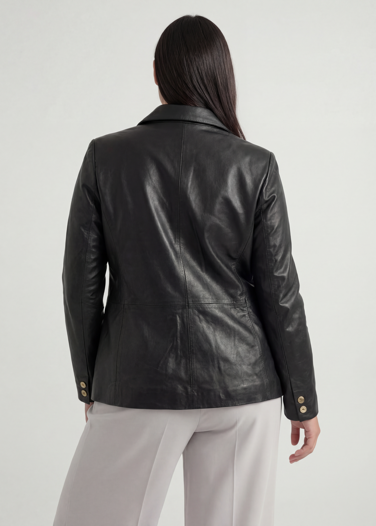 Women's black PLUS SIZE leather jacket KURDS-0645L-99(W26), product view from the back on the model, half of the silhouette visible.