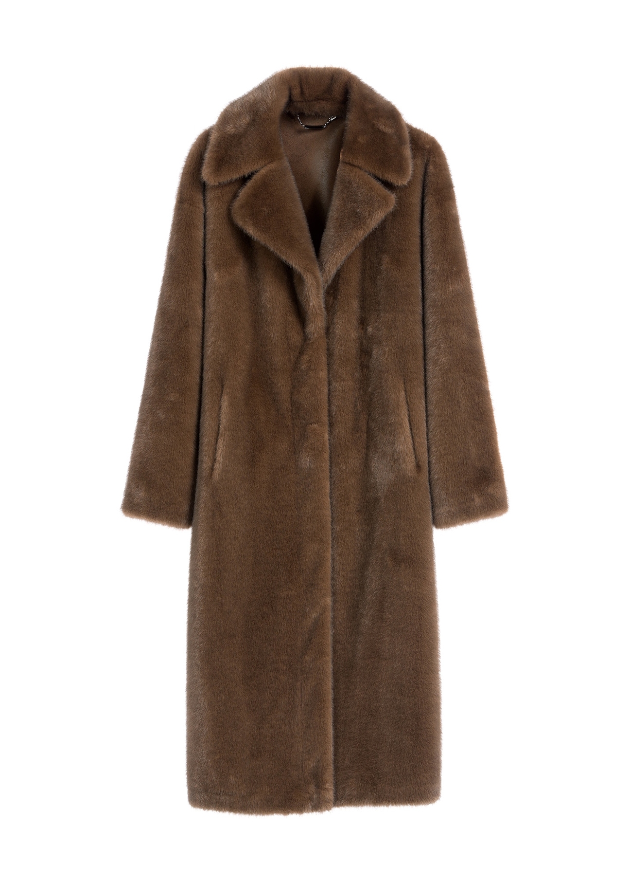 Long brown women's fur coat FUTDP-0072-89(Z25) - front product view on white background.
