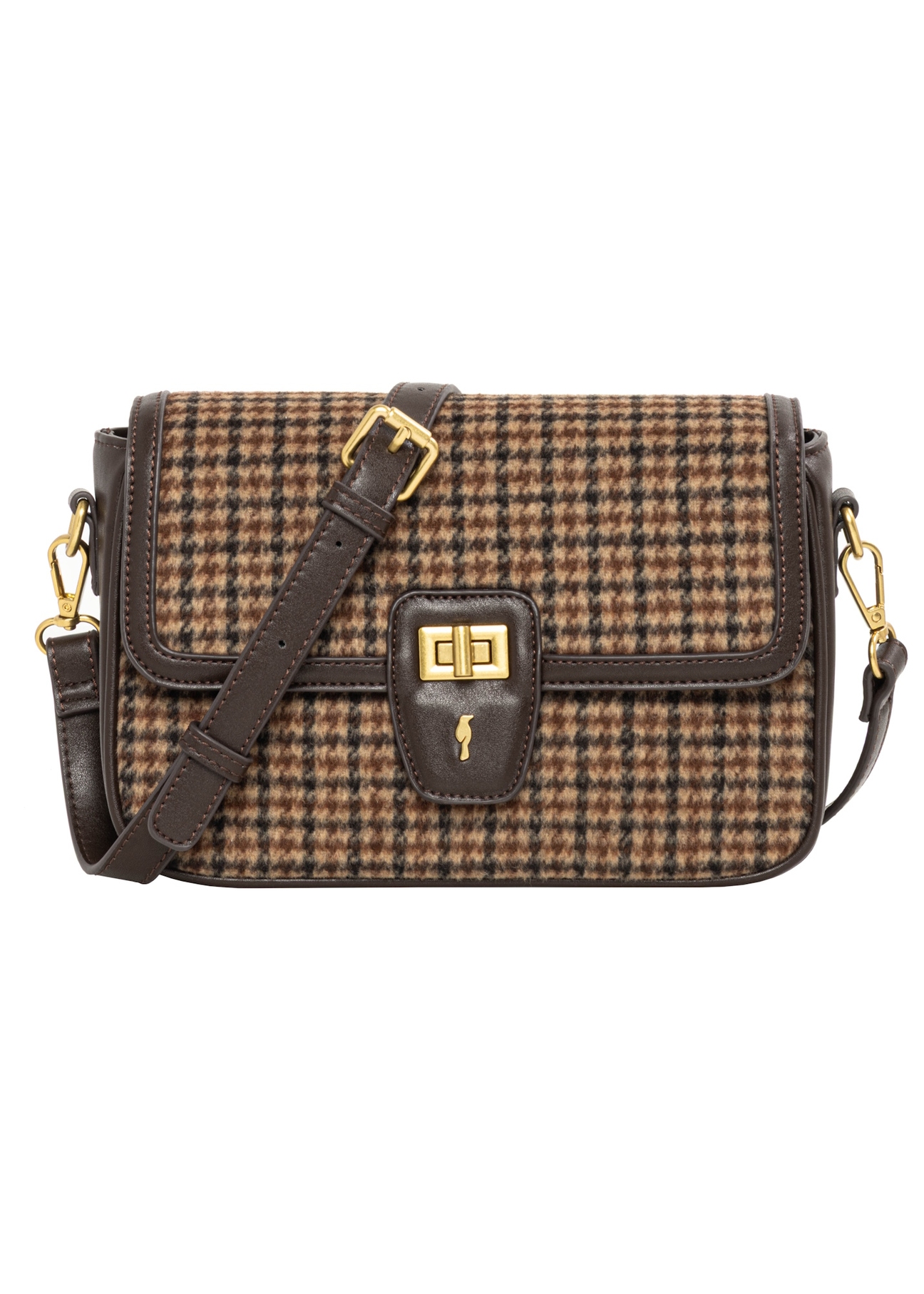 Small brown checkered handbag TOREC-1328-1P(Z26), front product view on white background.