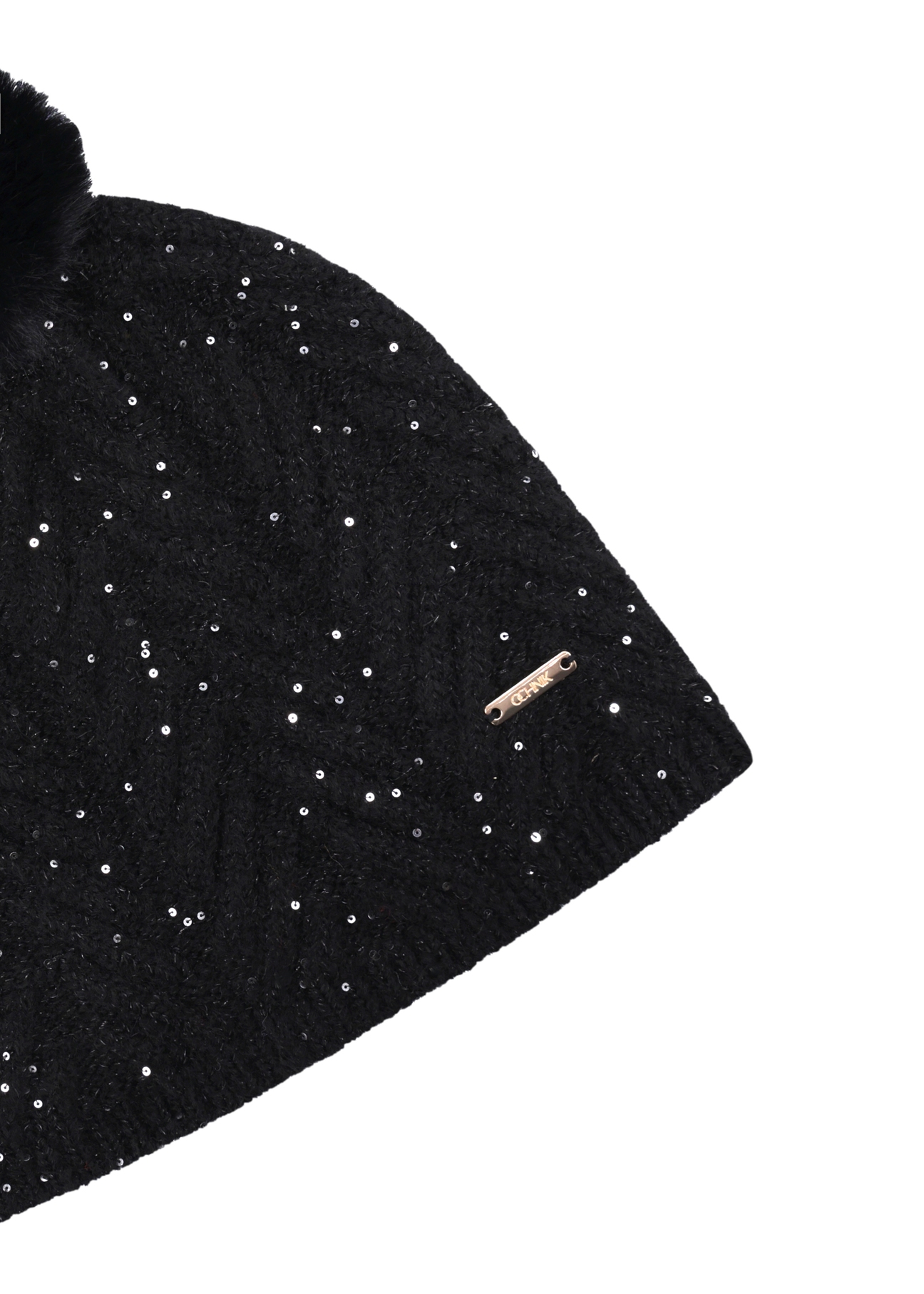 Black women's hat with pompom and sequins CZADT-0220-99(Z26), close-up of the product detail on a white background.