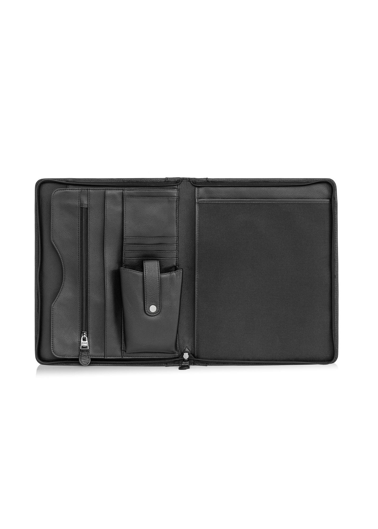 Men's black leather briefcase TORMS-0410R-9I(W26), product view inside on white background.