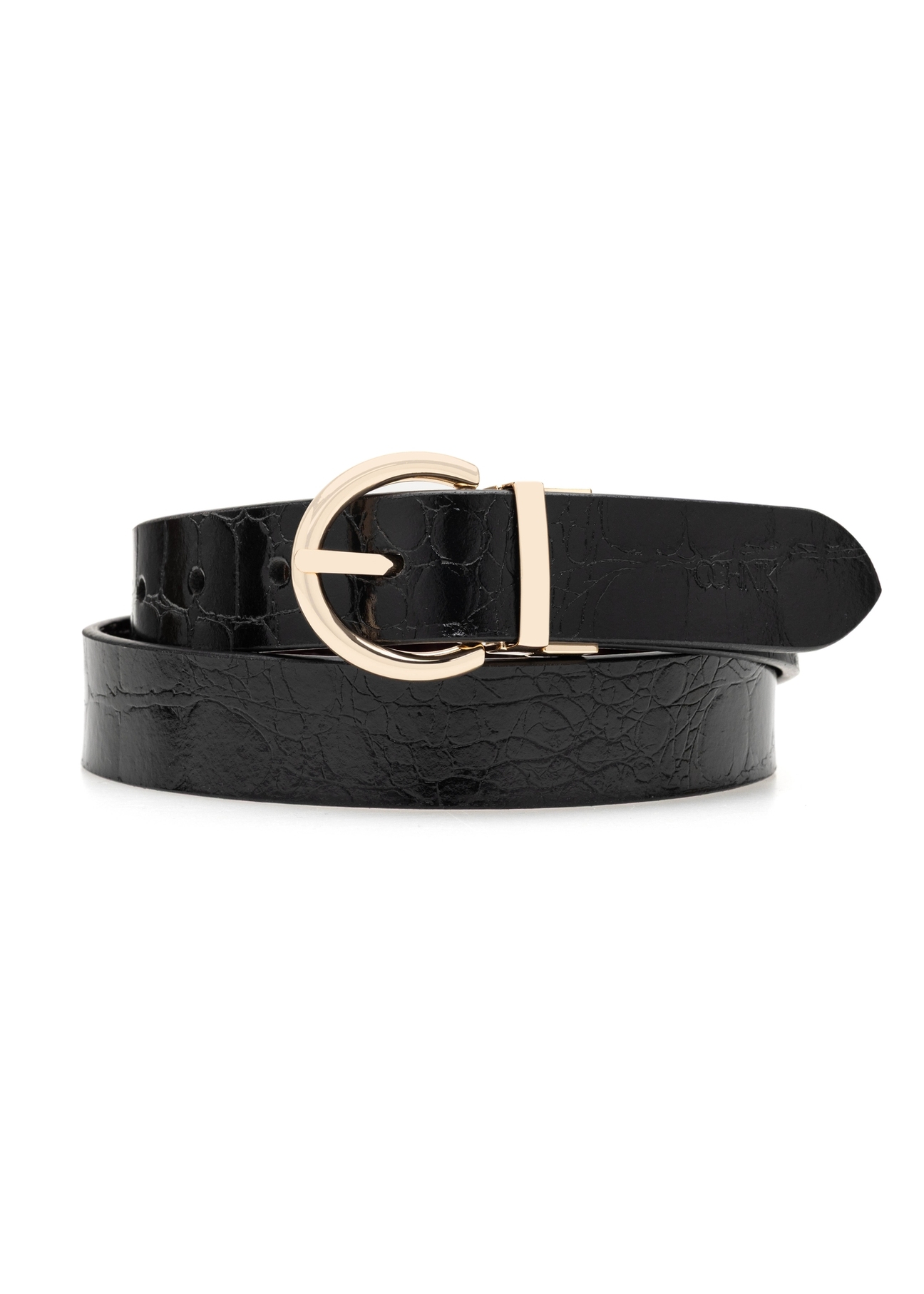 PASDS-0332-49(Z25) double-sided crocodile leather women's belt, front view on white background.-02