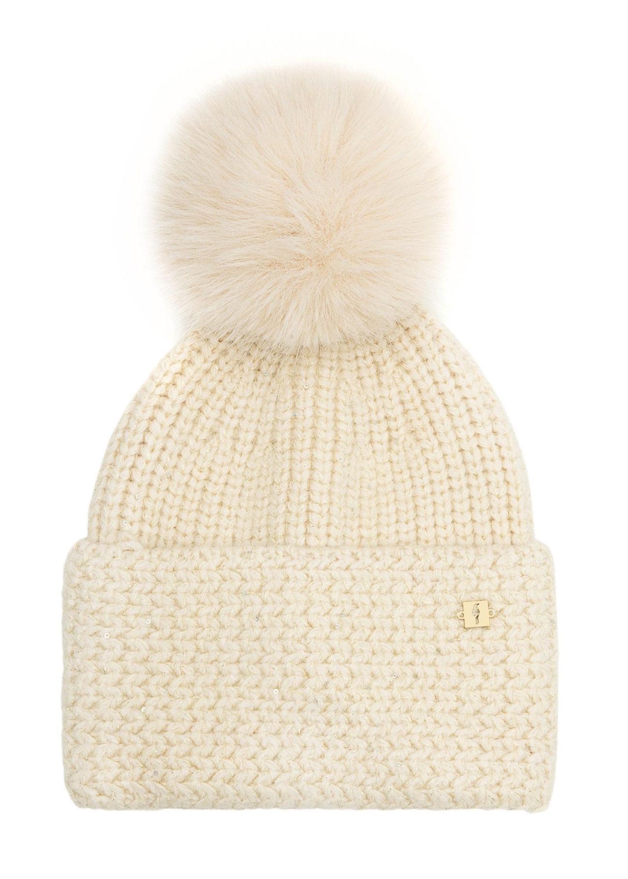Beige women's hat with pompom CZADT-0217-81(Z25), front product view on white background.