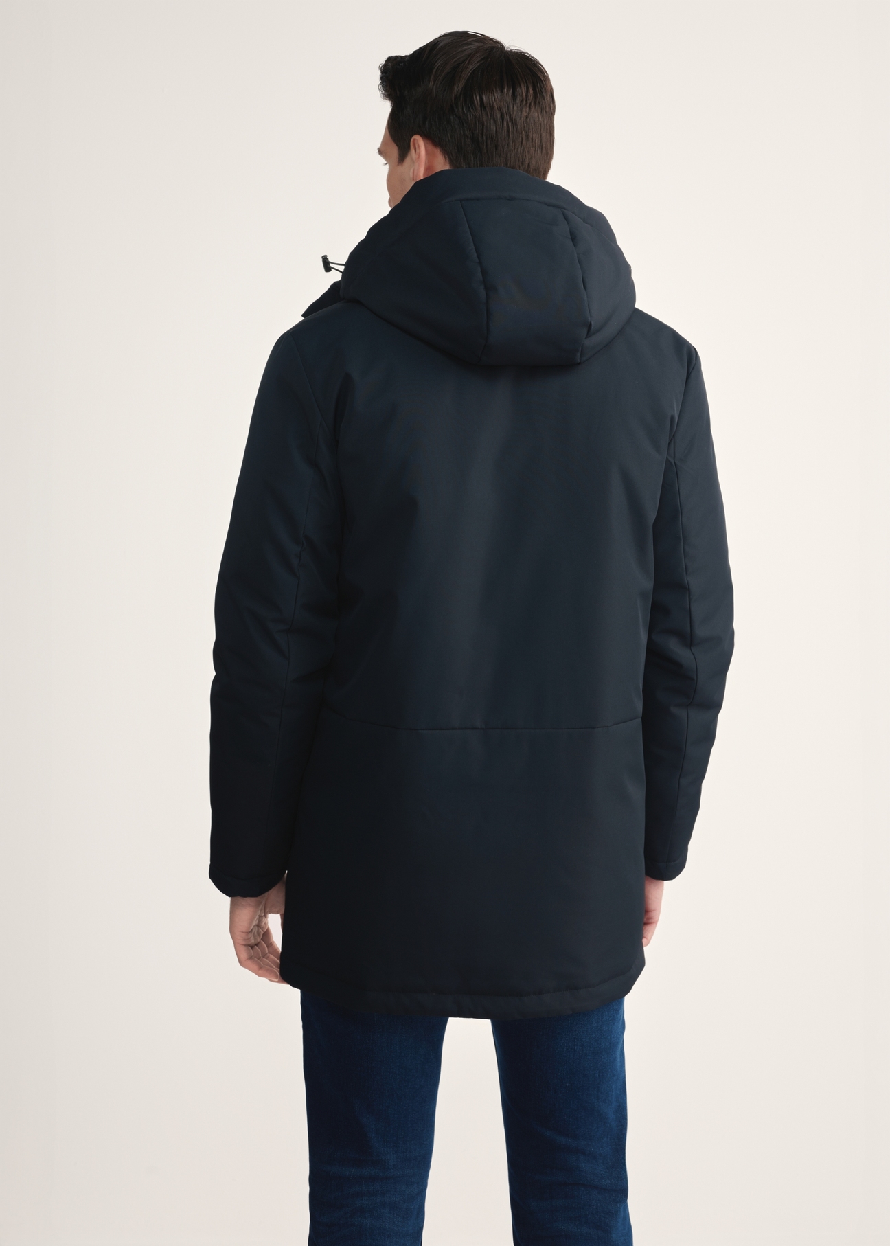 Black men's winter jacket KURMT-0391-99(Z25) - product view from the back against a white background. Knee-length silhouette visible.