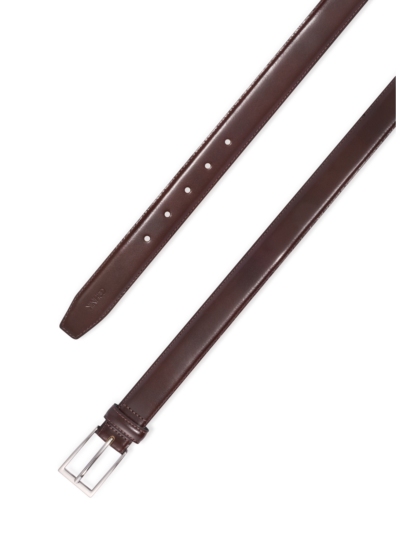 Brown men's leather belt PASMS-0244-1I(Z26), view of the buckle of the product on a white background.
