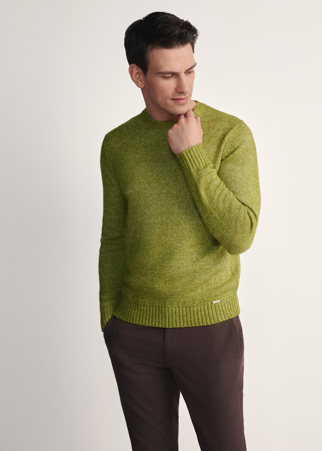 Lime men's sweater SWEMT-0170-84(Z25), front product view on the model. Half of the silhouette visible.