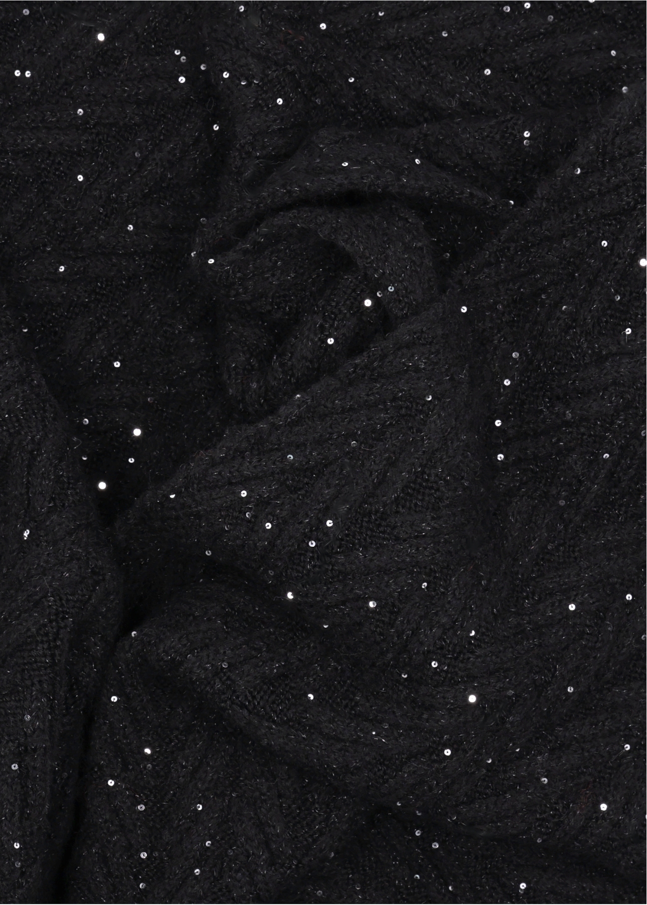 Black women's scarf with sequins SZADT-0220-99(Z26), close-up of the product material on a white background.