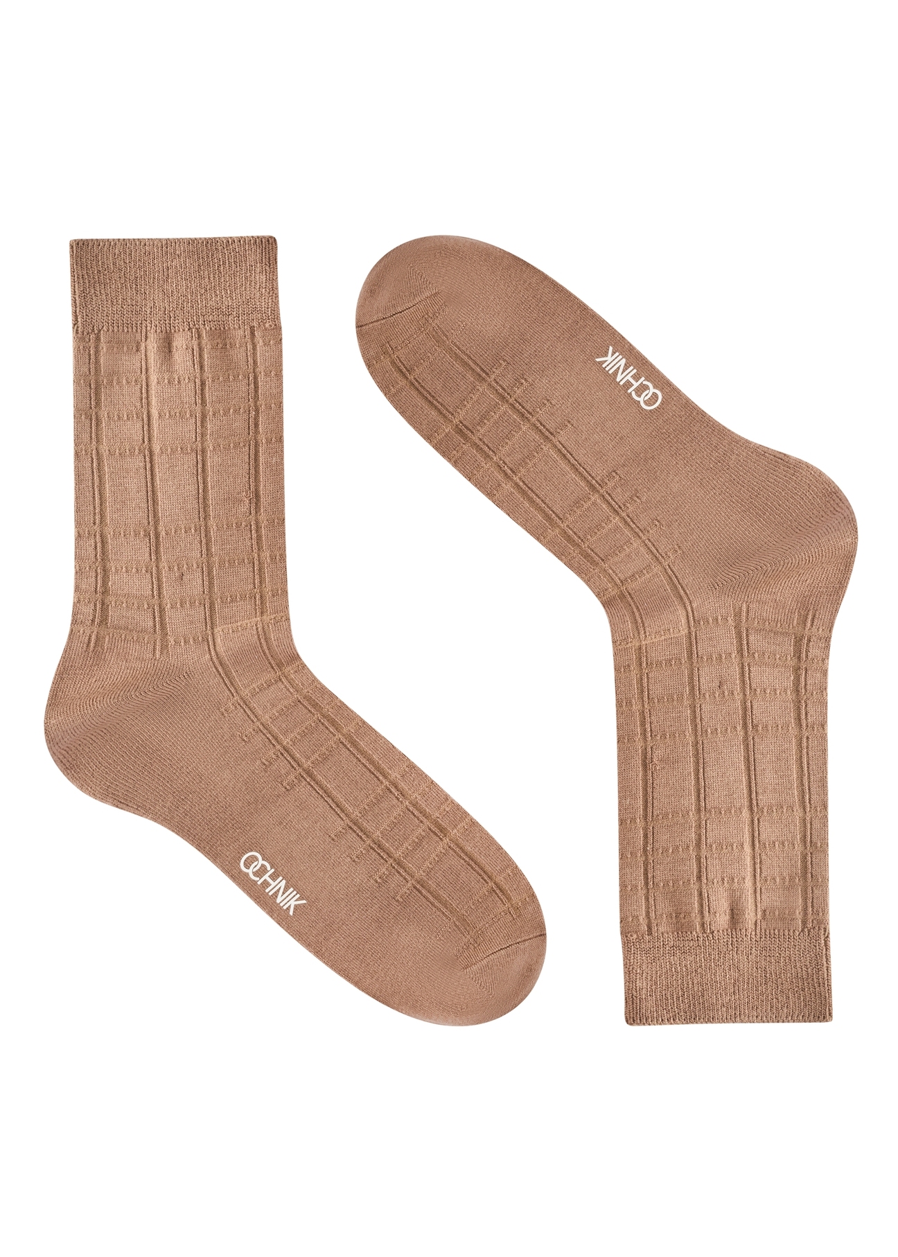 Dark beige men's long socks SKAMT-0201-1C(W26), side view of the product on a white background.