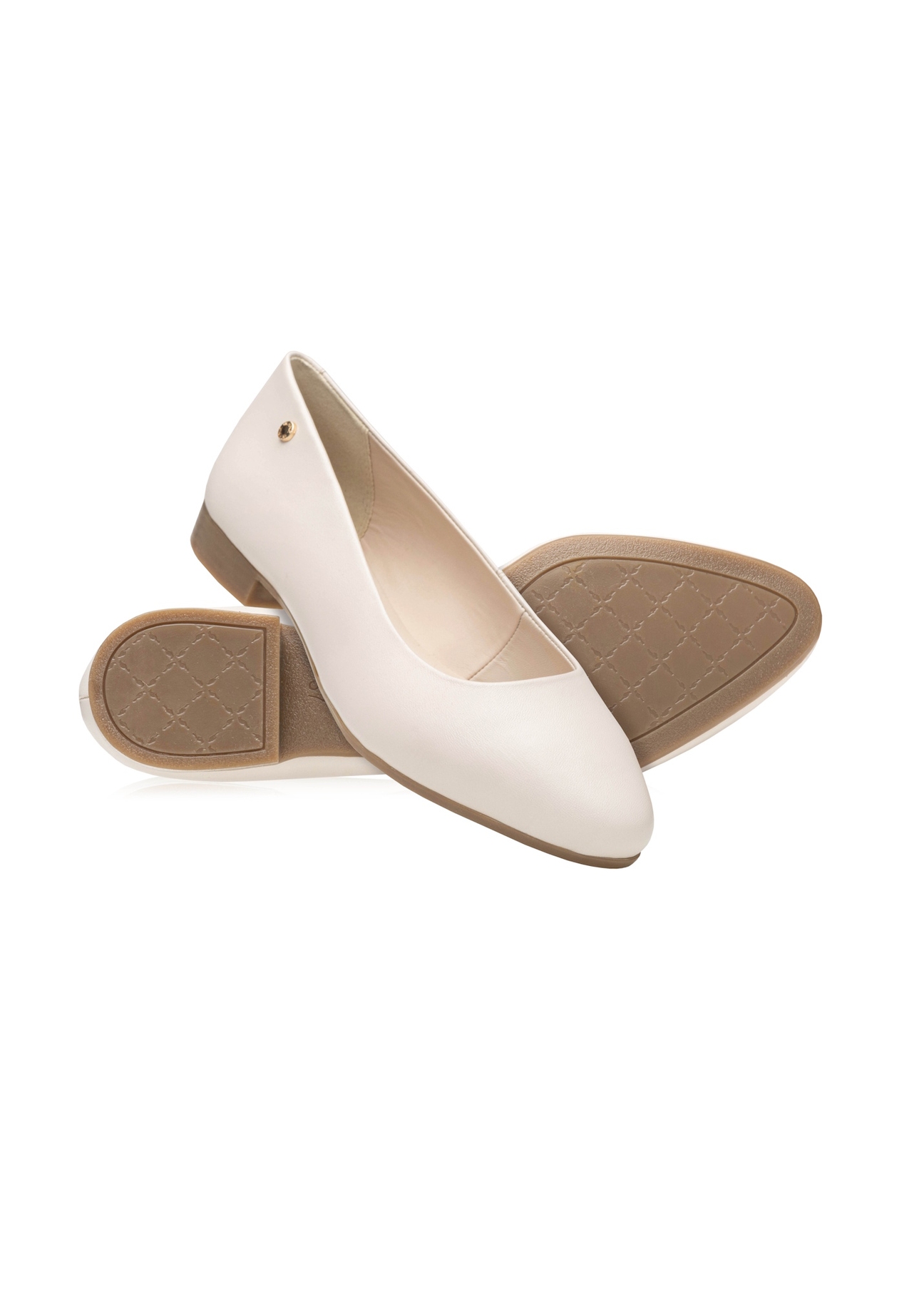 Cream leather women's ballet flats BUTYD-1049B-0B(W26), diagonal product view on a white background.
