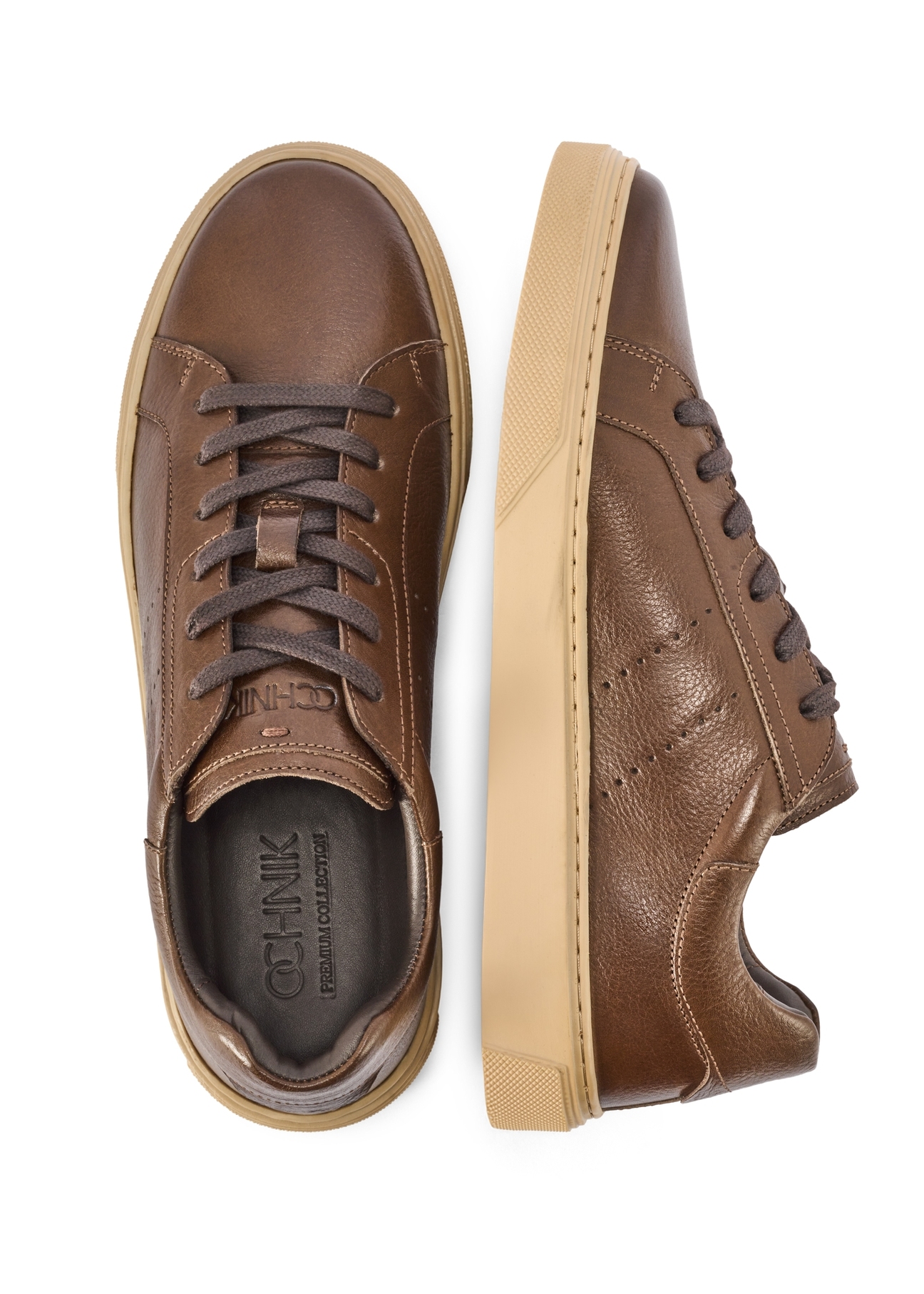 Dark brown men's leather sneakers BUTYM-0486-1I(W26) - product view from above, on a white background.