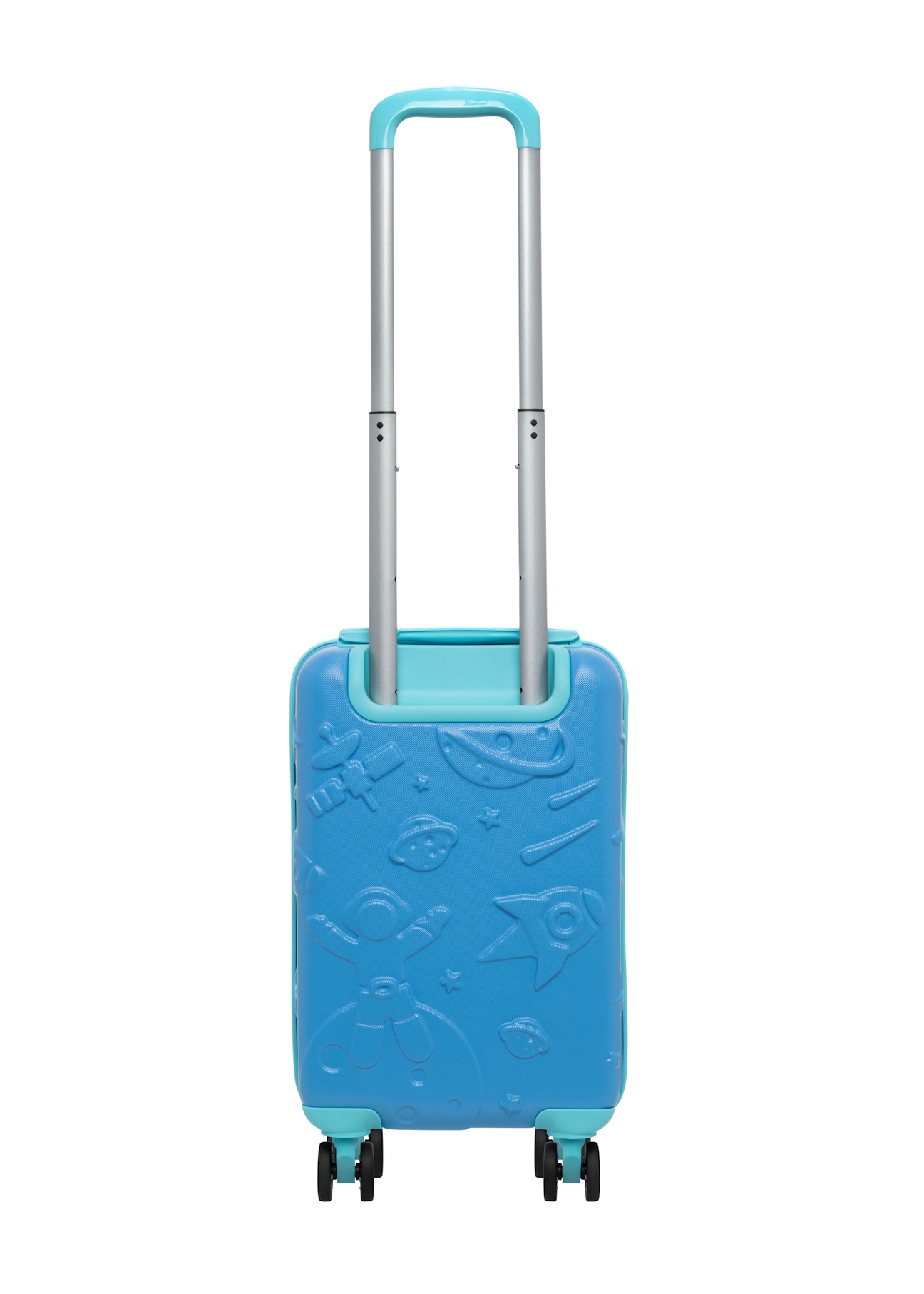 Small blue suitcase on wheels WALAB-0087-7B-18(W26), product view from the back on a white background.