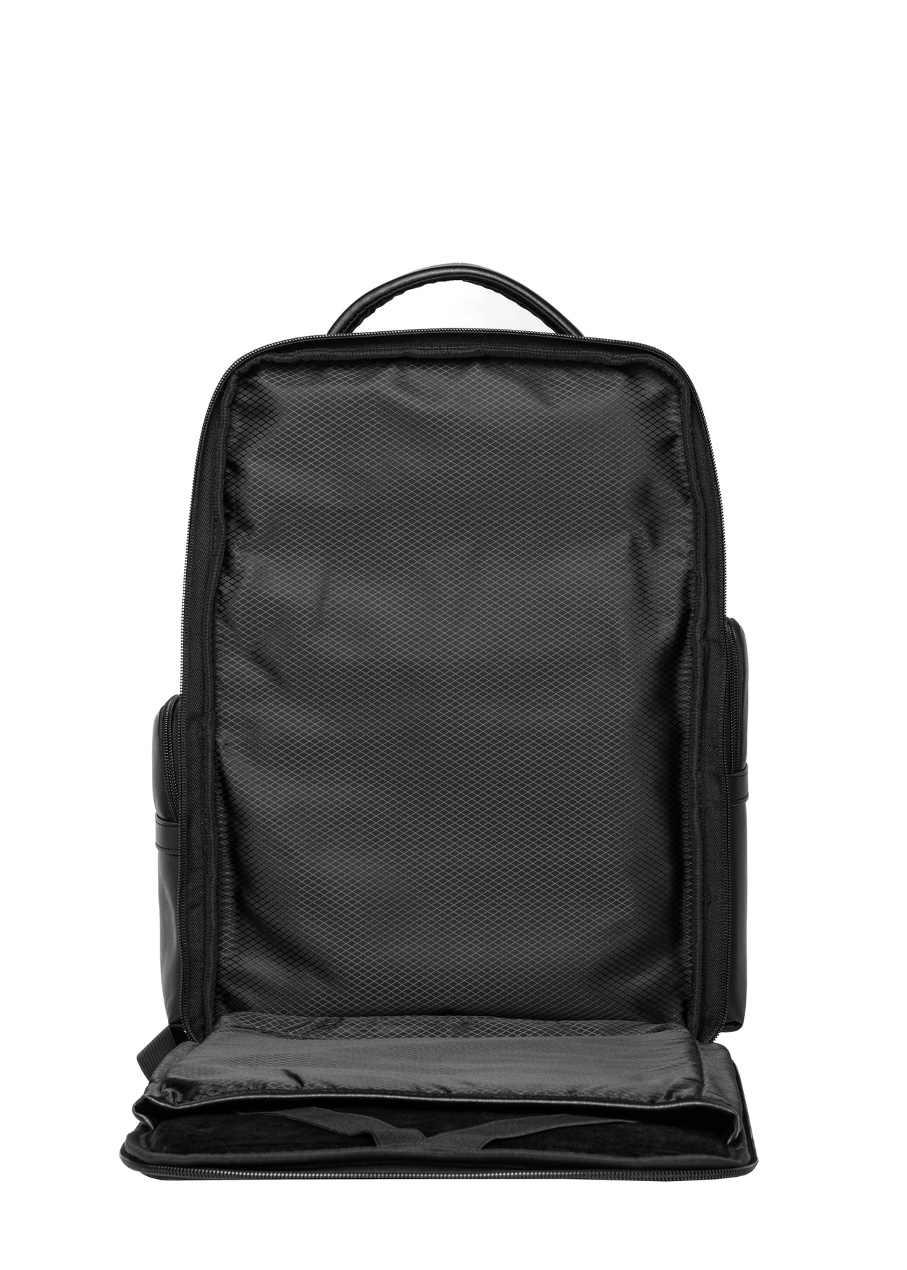 Black large men's backpack PLCMS-0026-99(Z26), product view from the back with an open pocket on a white background.