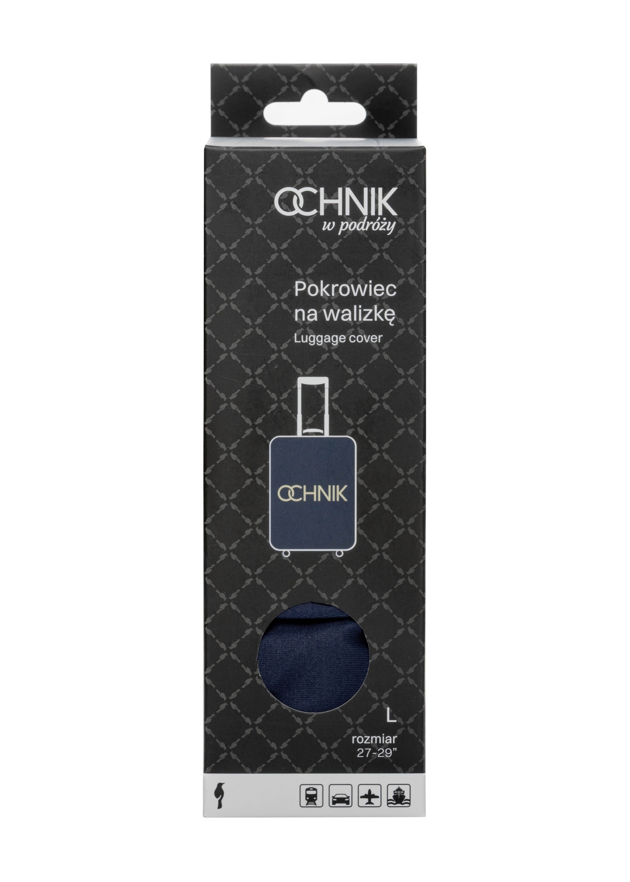 Navy blue cover for a large suitcase AW-013-0002-7D-L(W26), front view of the product in the packaging.