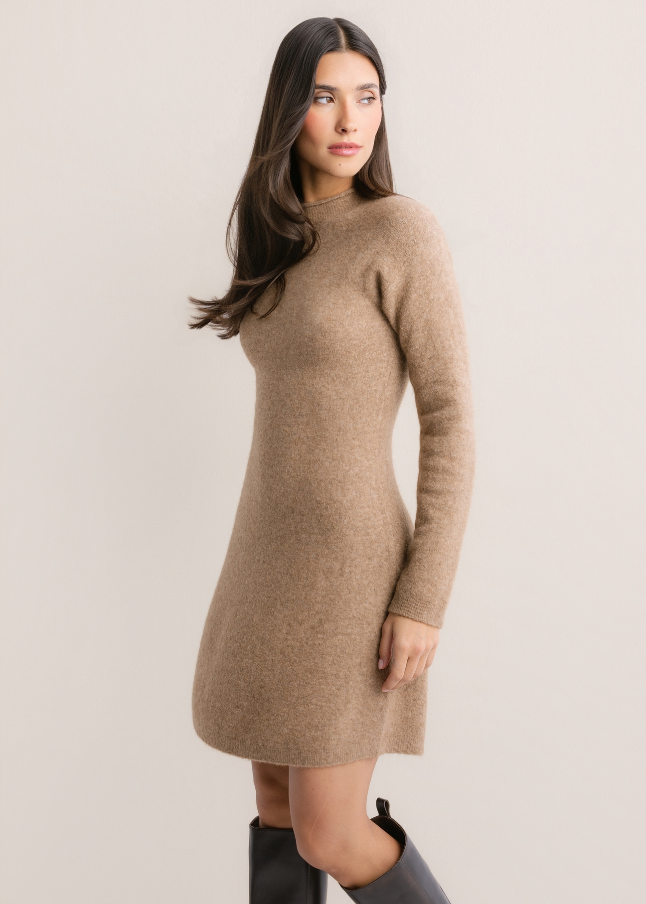 Light beige women's mini dress SUKDT-0296-1J(Z26), side view of the product on the model. Half of the silhouette visible.