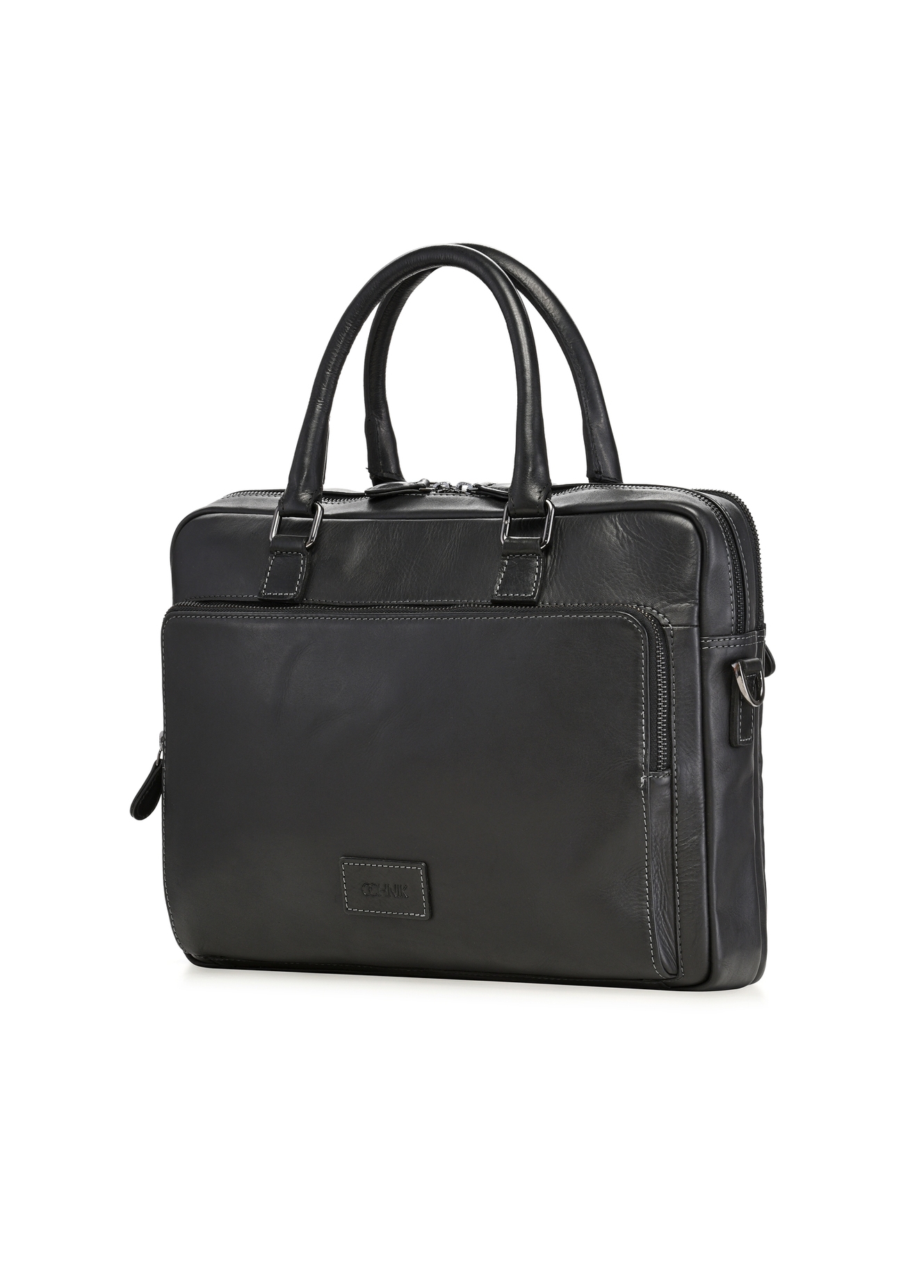 Black leather two-compartment men's bag TORMS-0525-99(Z26) - diagonal product view, on a white background.