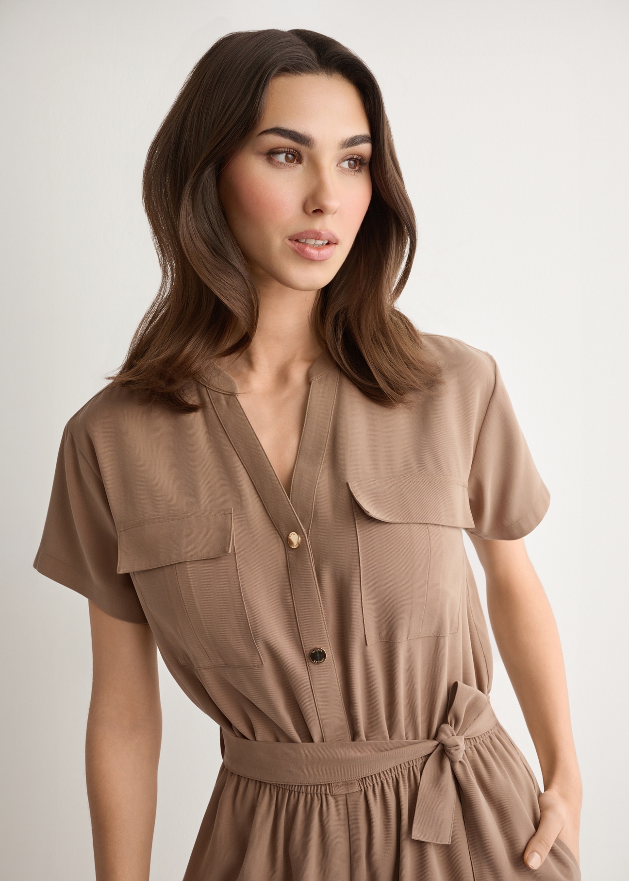 Women's short viscose jumpsuit KOBDT-0014-1D(W26), close-up of the product on the model's silhouette.