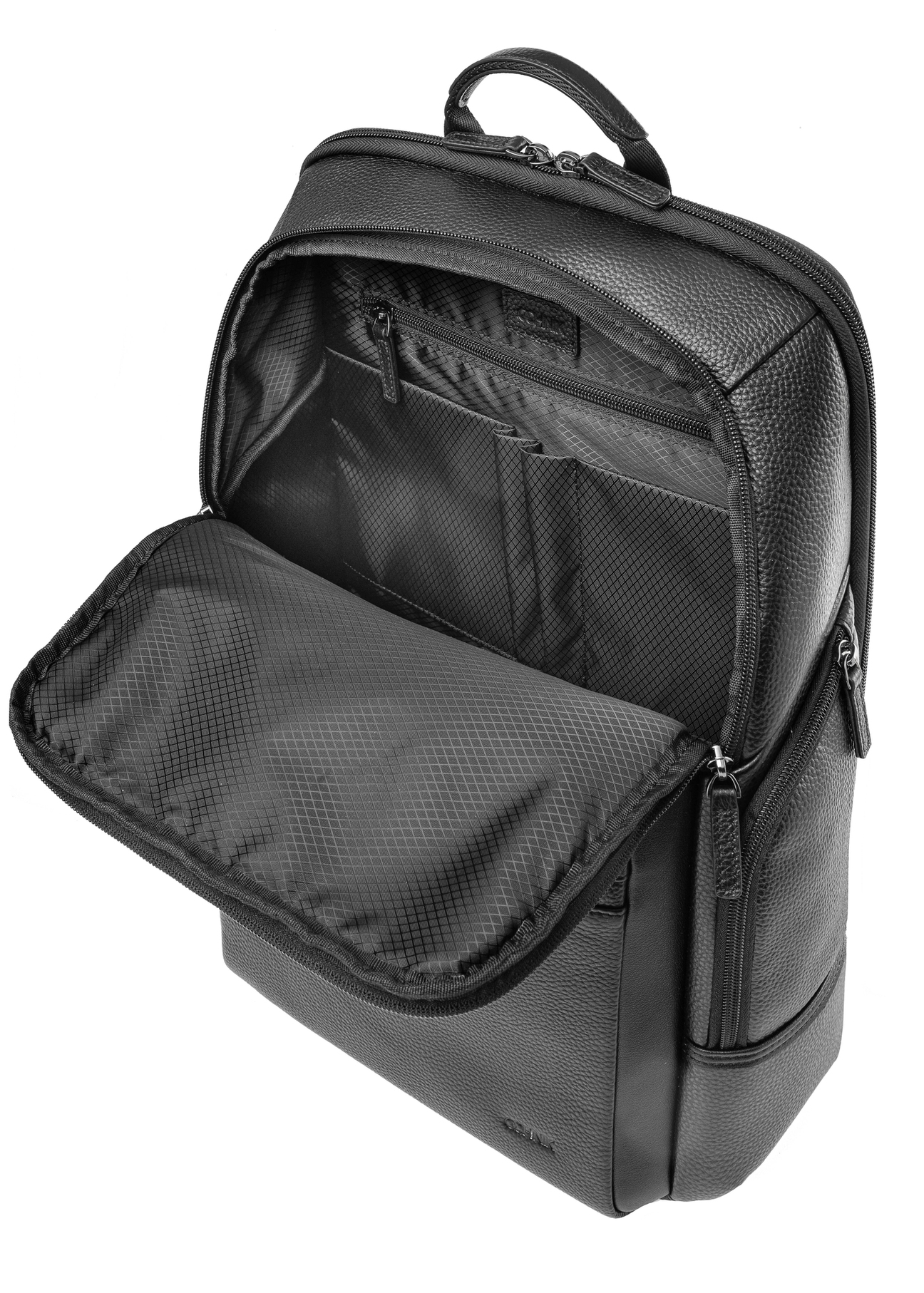 Black spacious leather backpack PLCMS-0023-99(Z25), product view from the inside on a white background.