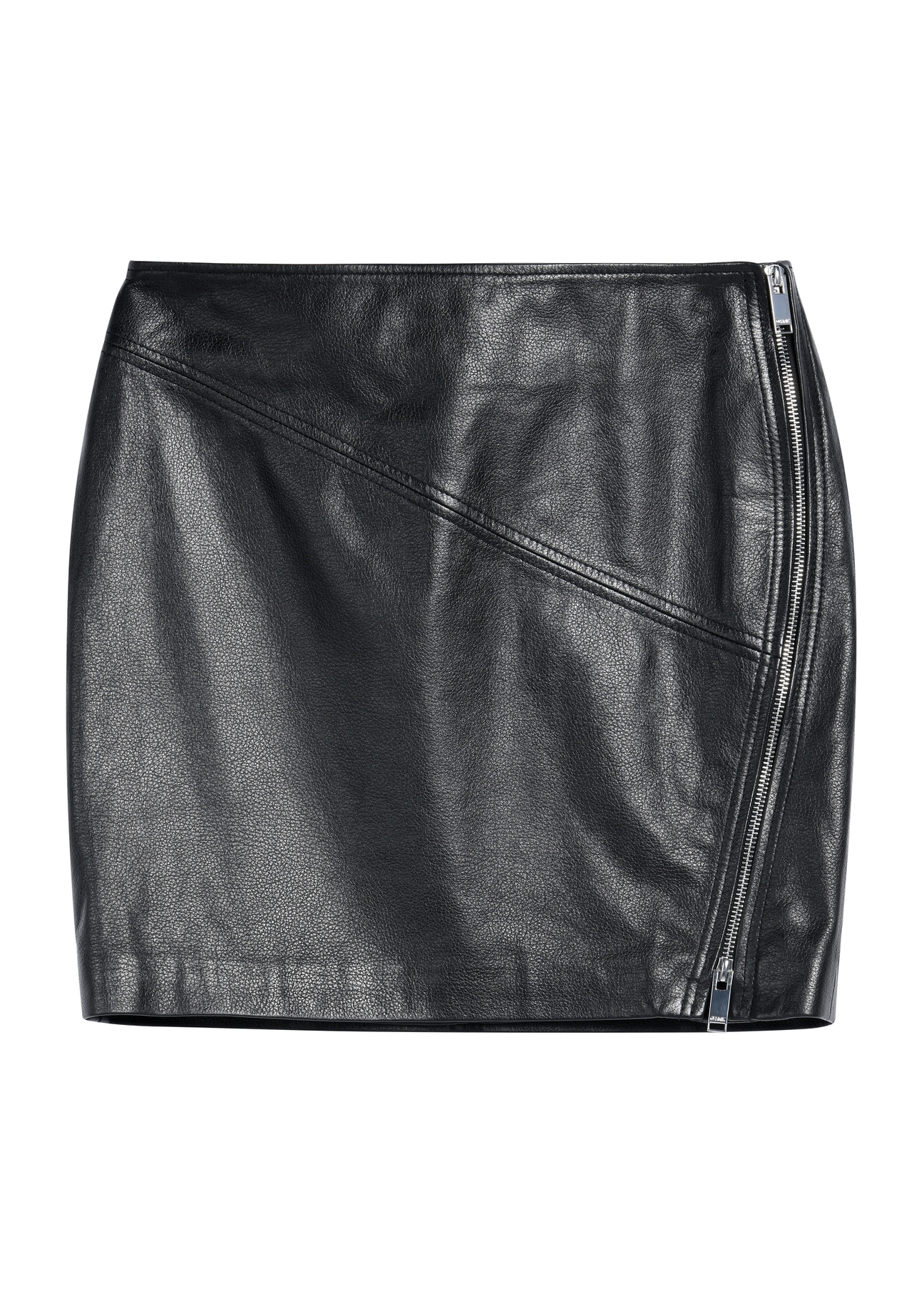 Black leather mini skirt SPCDS-0079-3206(Z25), front product view on white background.