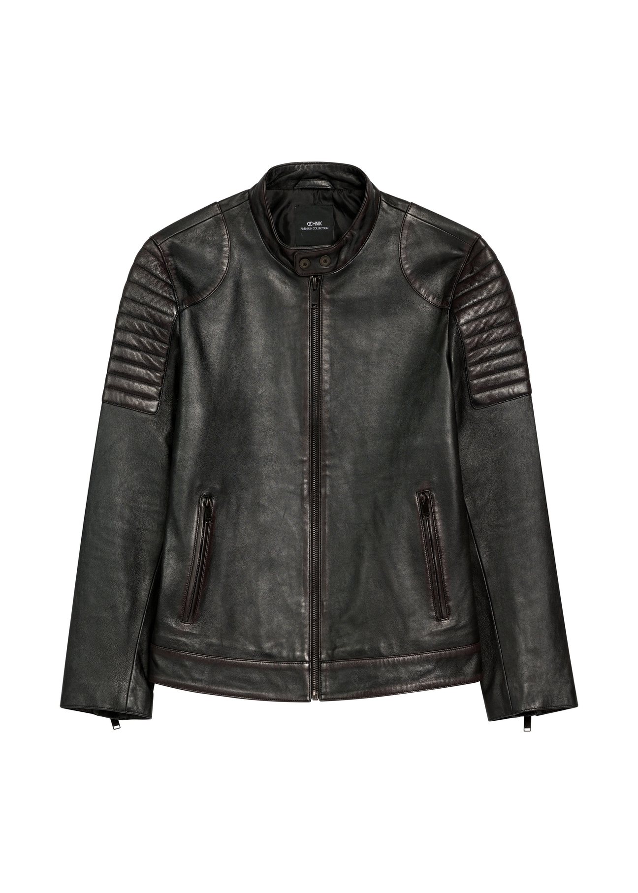 Men's black leather jacket KURMS-0394-99(W26), front product view on white background.