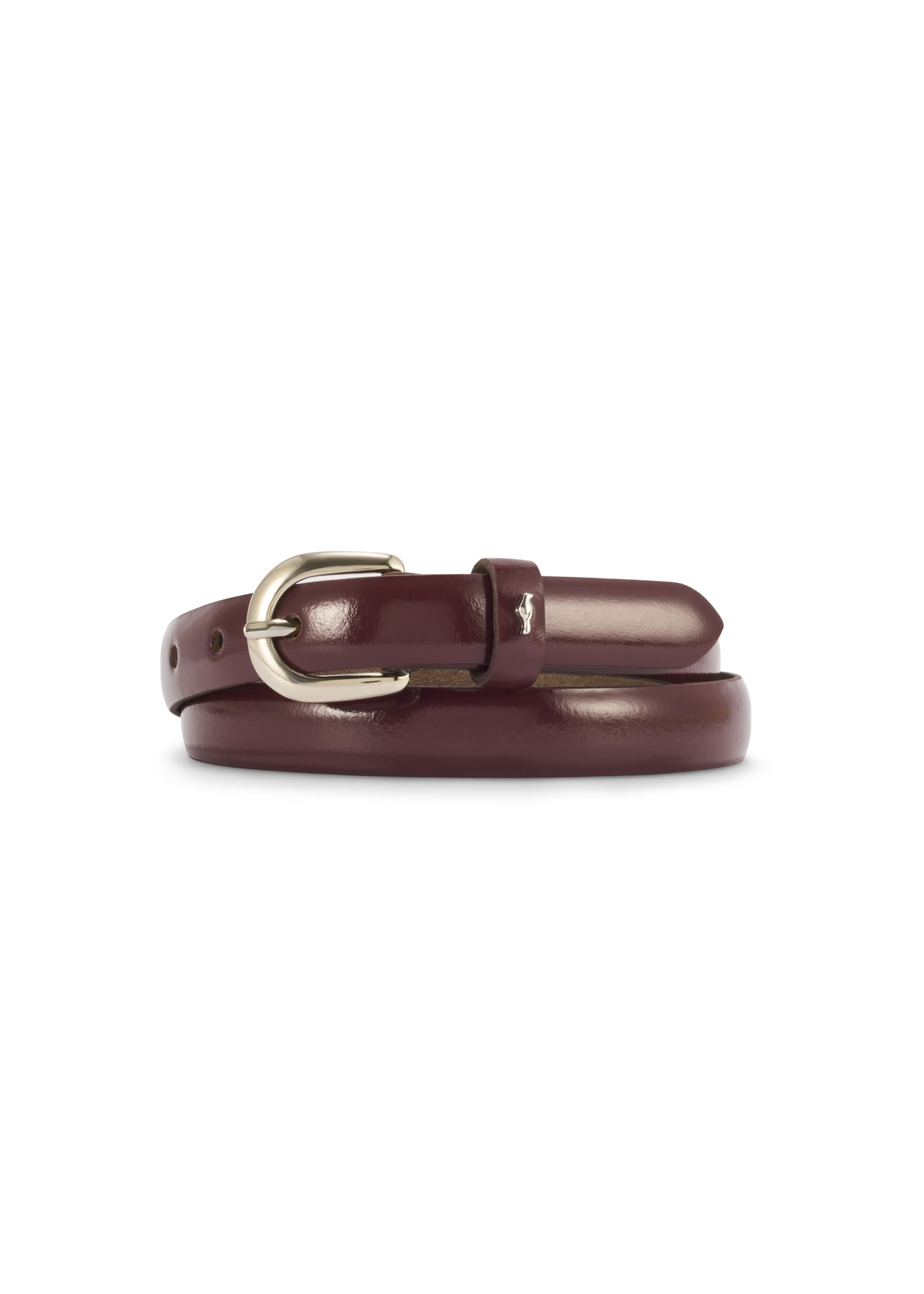 Burgundy thin women's leather belt PASDS-0281-49(Z25), product view from the front on a white background.
