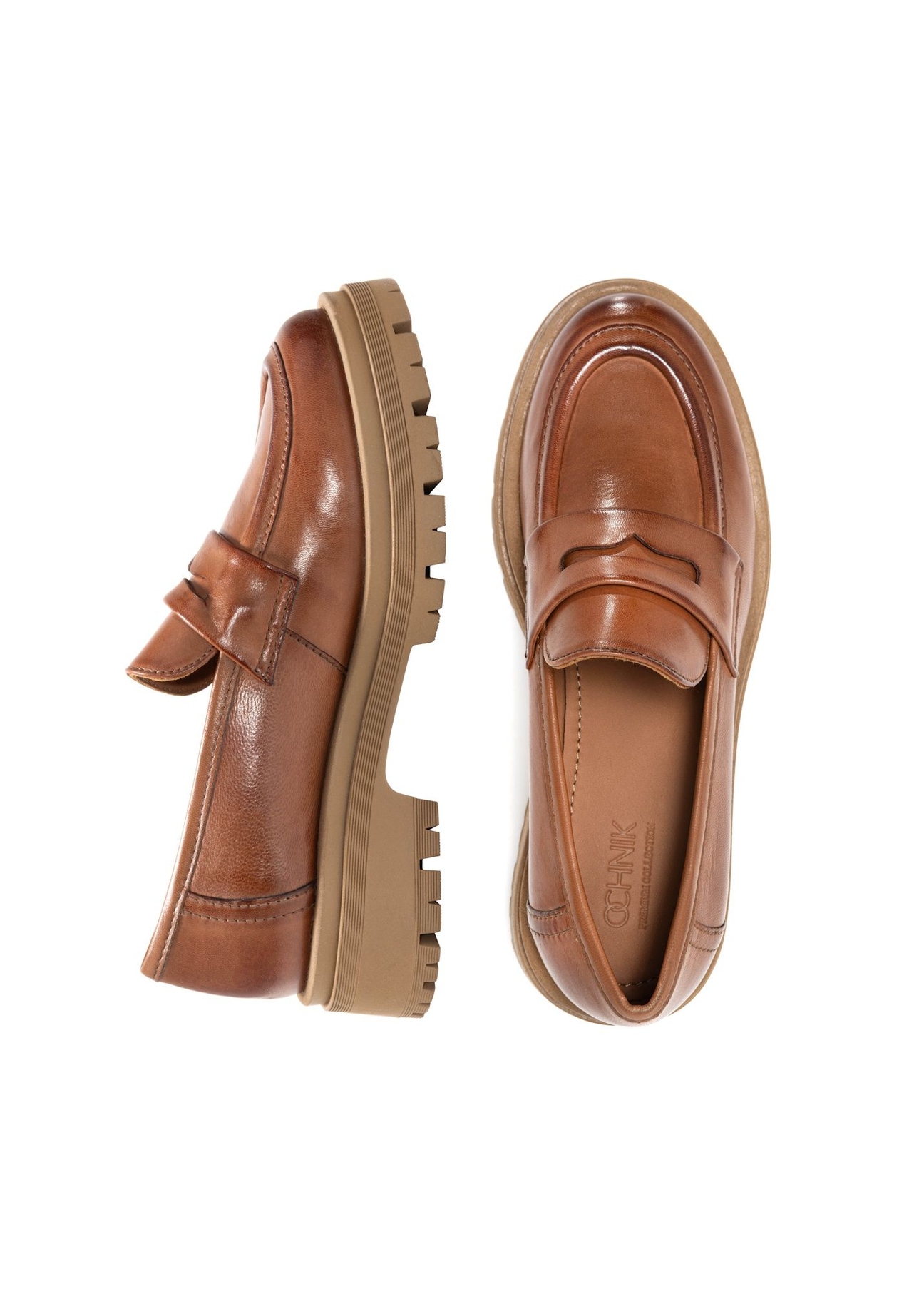 Women's leather moccasins in cognac color BUTYD-1187-1F(Z26), product view from above on a white background.