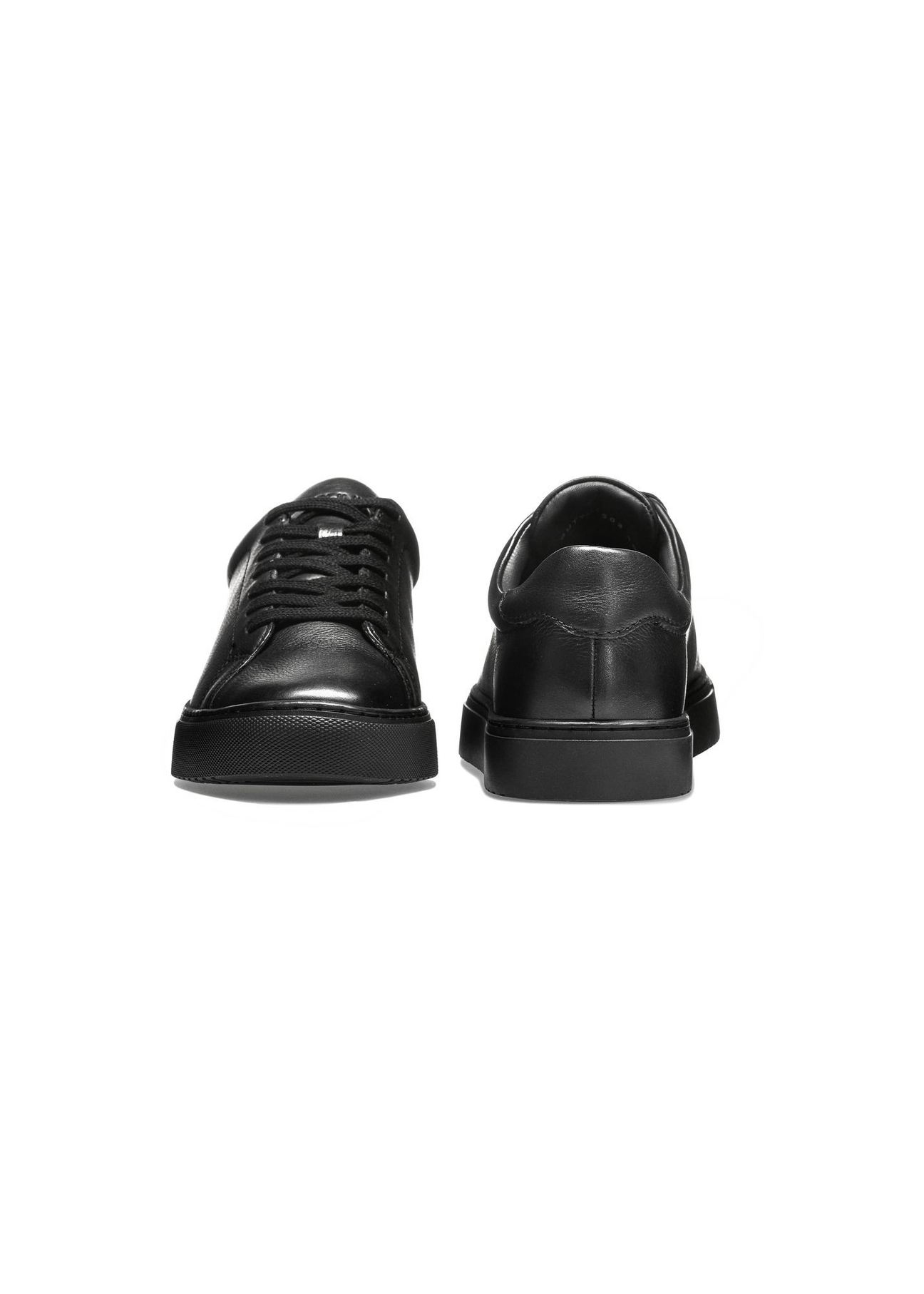 Black leather sports shoes BUTYM-0503A-99(W26), front and back product view on white background.