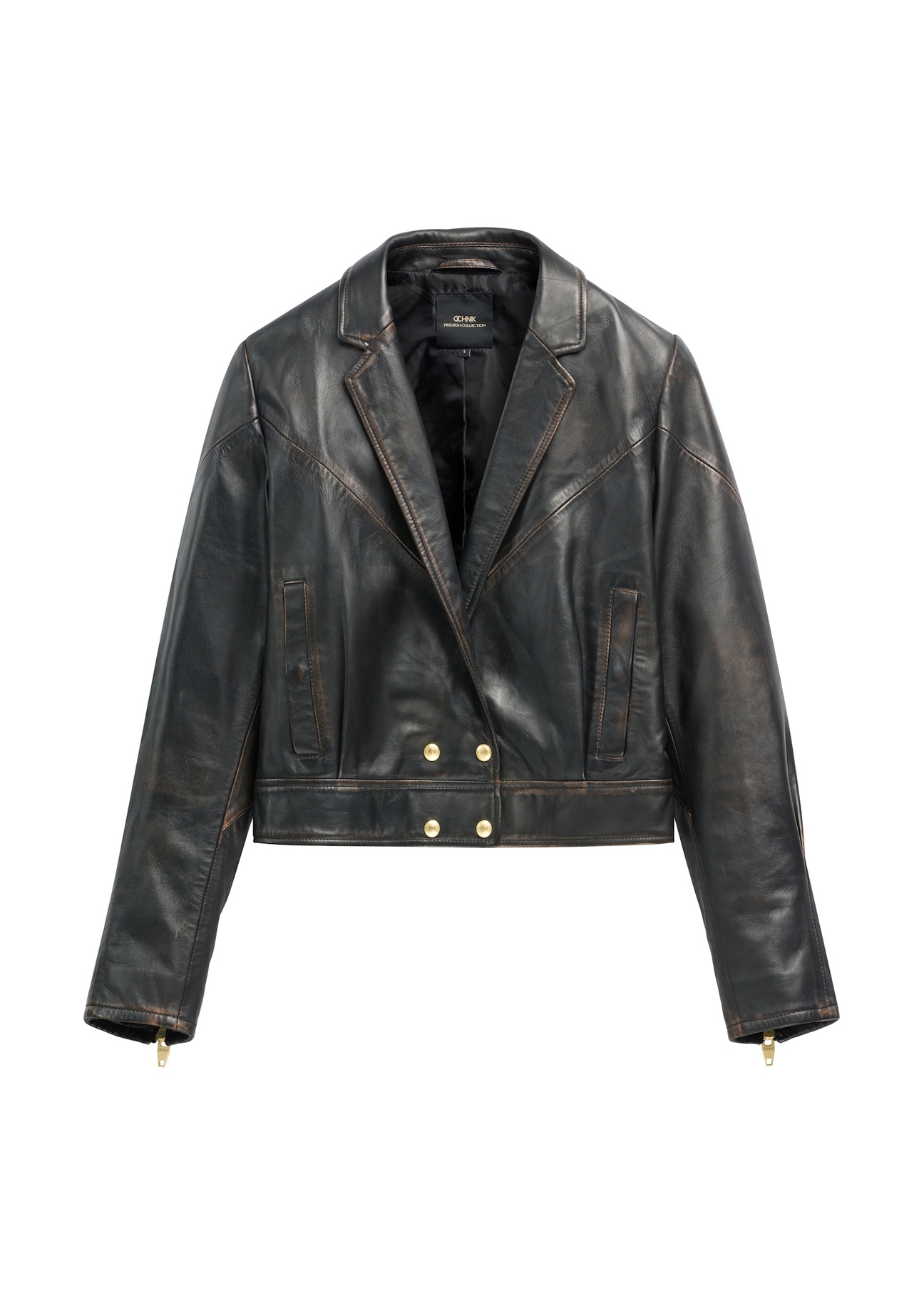 Vintage women's short leather jacket KURDS-0573-9J(W26), front product view on white background.