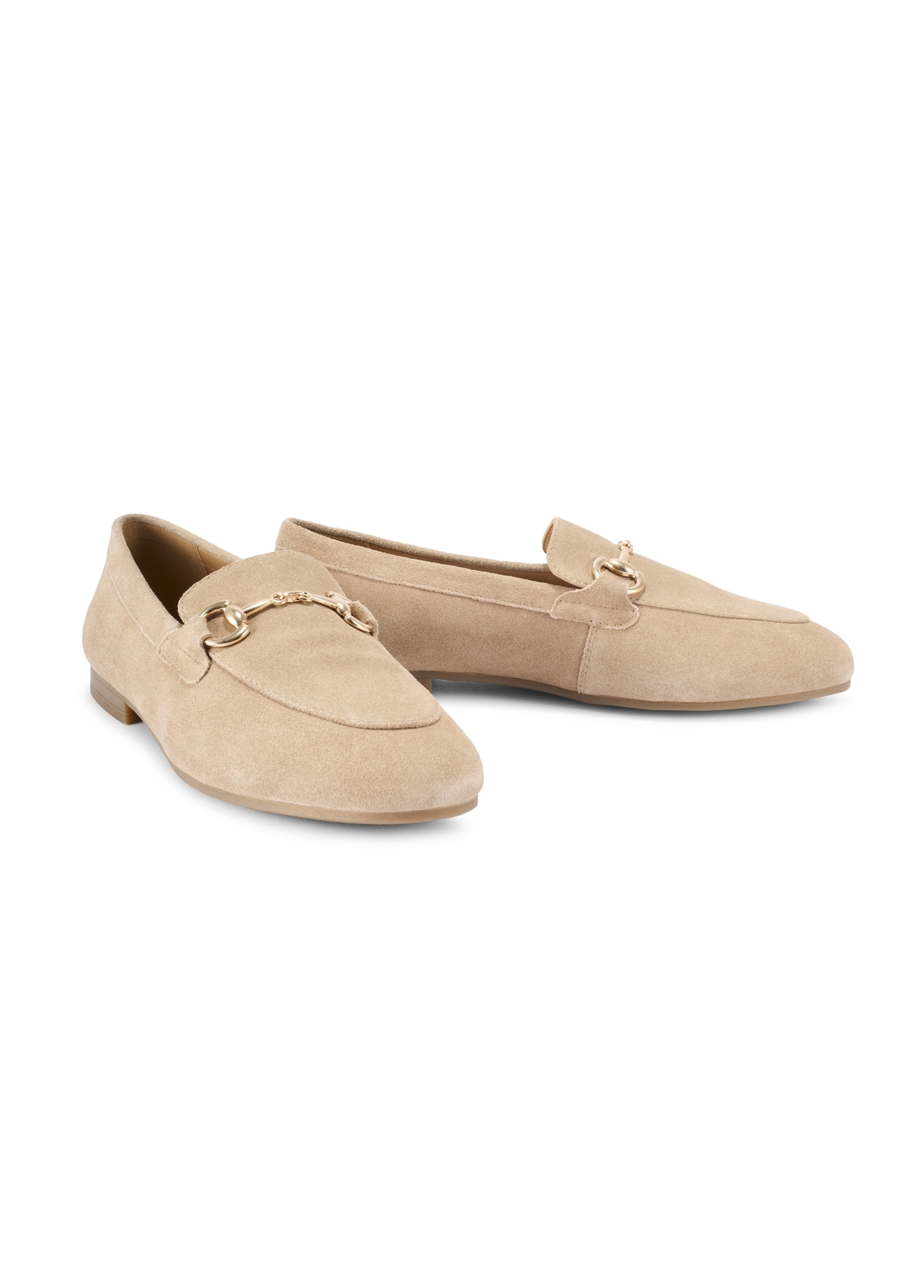 Dark beige suede women's moccasins BUTYD-1257-1K(W26), diagonal product view on white background.