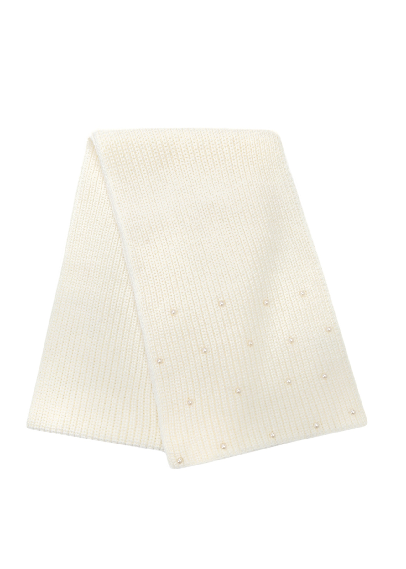 Women's white scarf with wool SZADT-0211-11(Z25), view of the folded product on a white background.