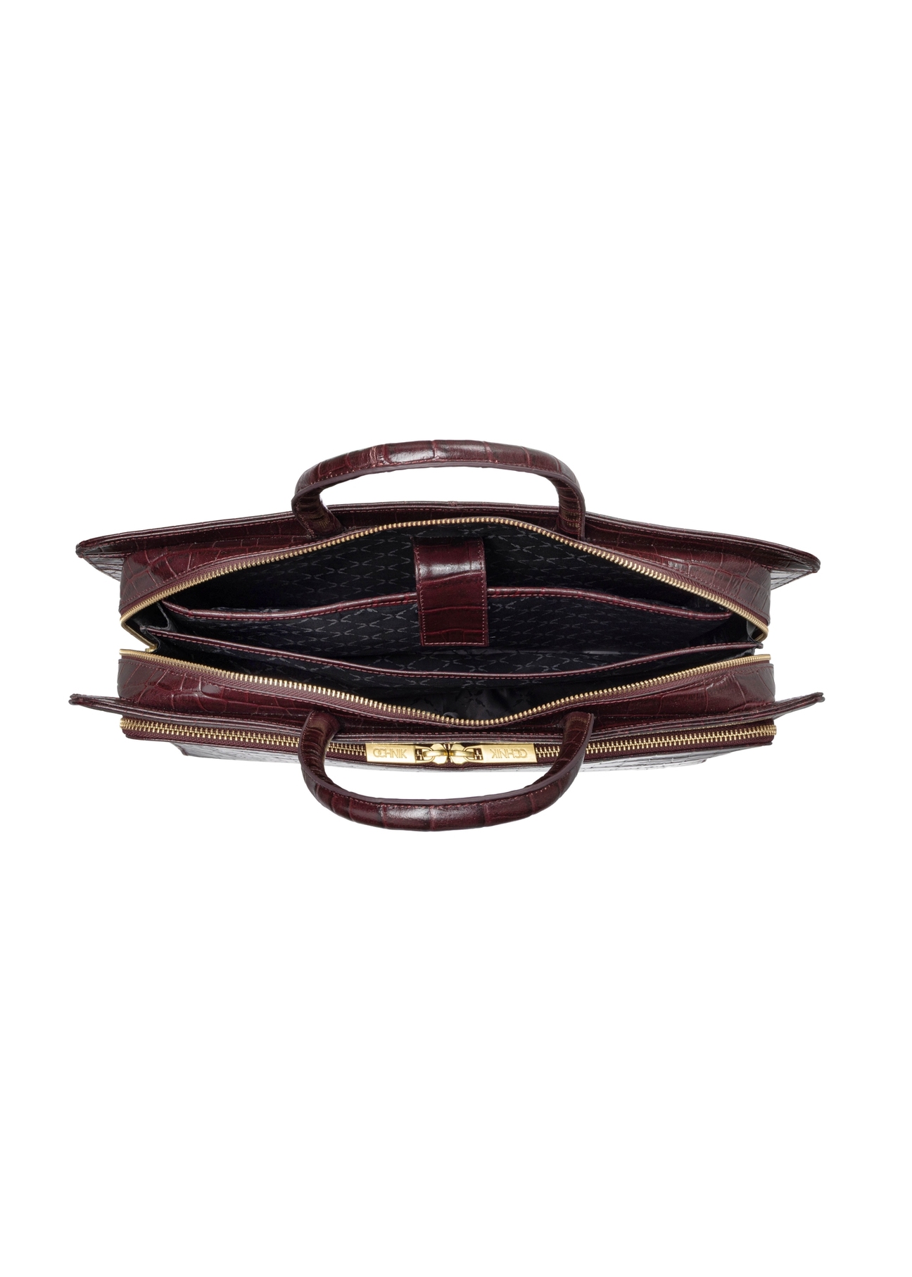 Burgundy croco leather laptop bag TORES-1321-4D(Z26). Top view on white background.