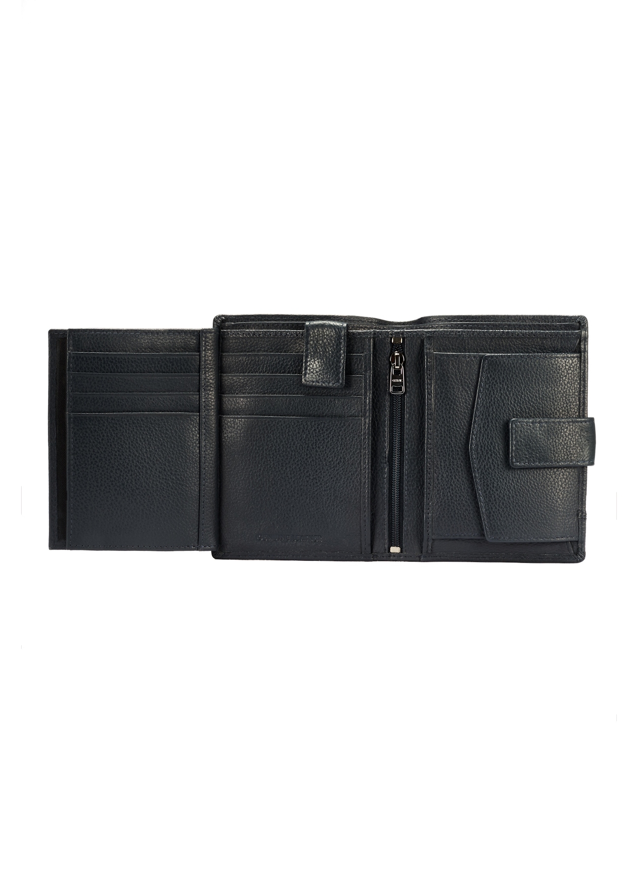 Navy blue men's leather wallet PORMS-0010B-69(W25), interior view of the product on a white background.
