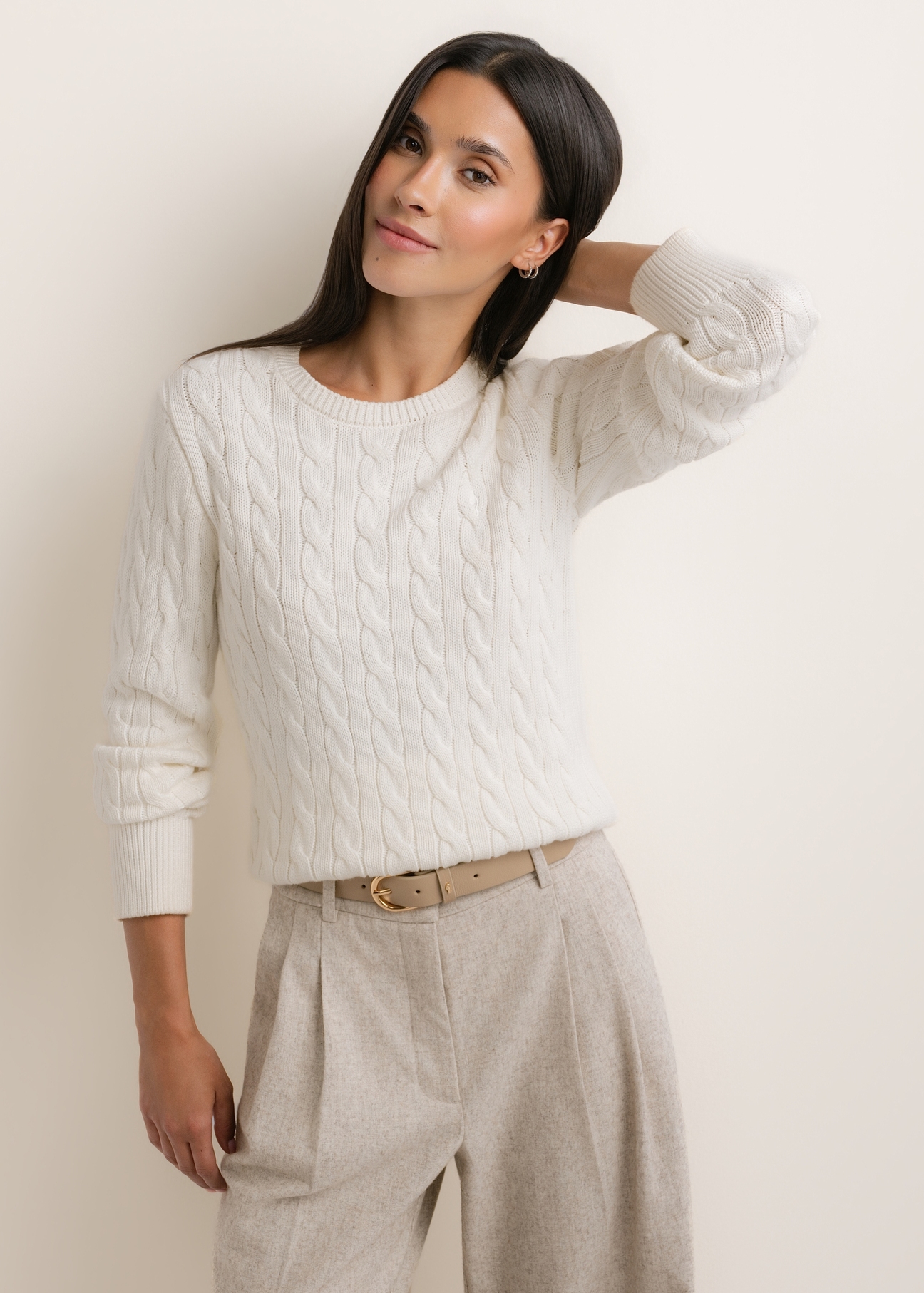 Cream cotton women's sweater SWEDT-0269-0B(Z26), front view on a model. Half-body shot.